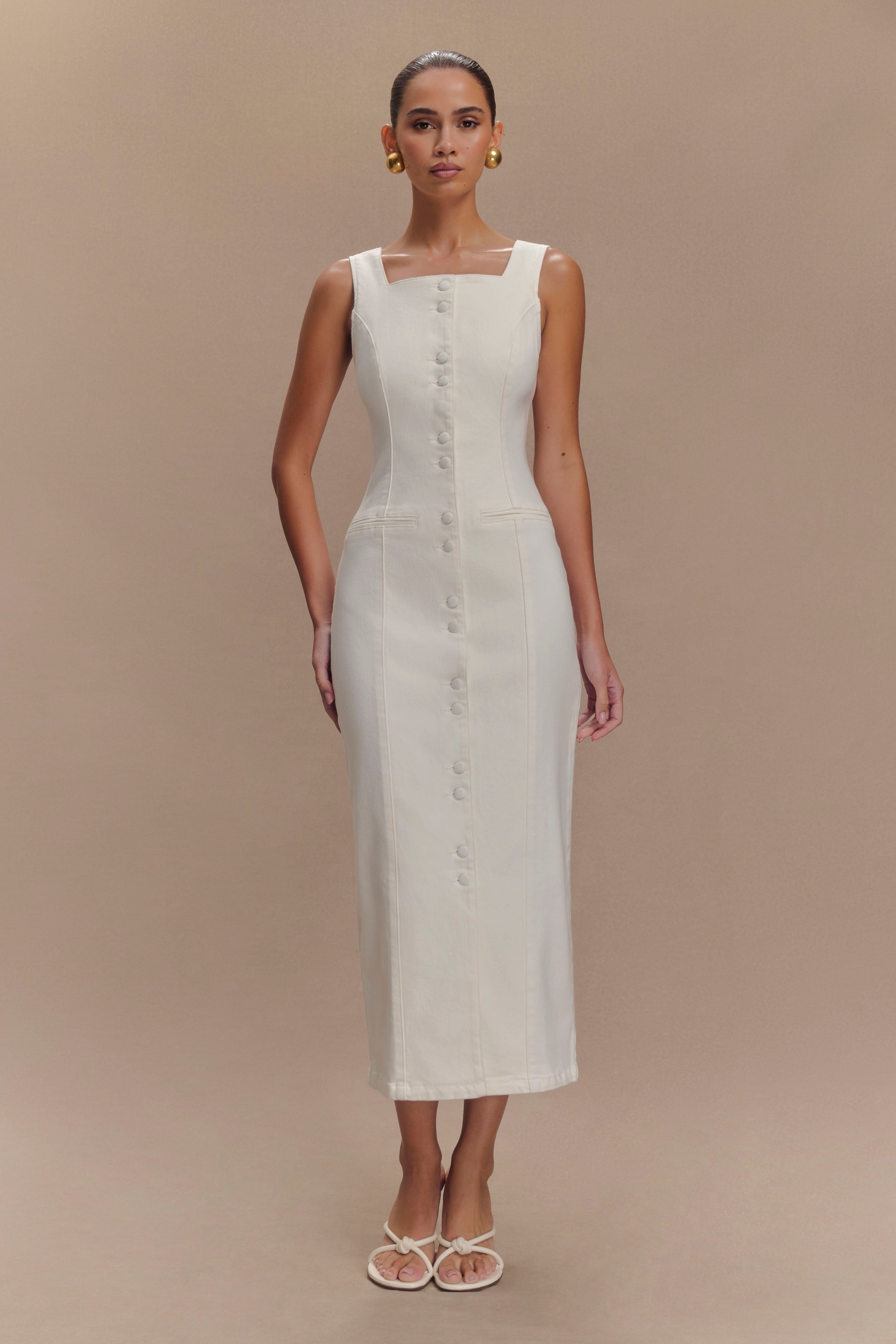 Reyna Denim Midi Dress / White | Meshki