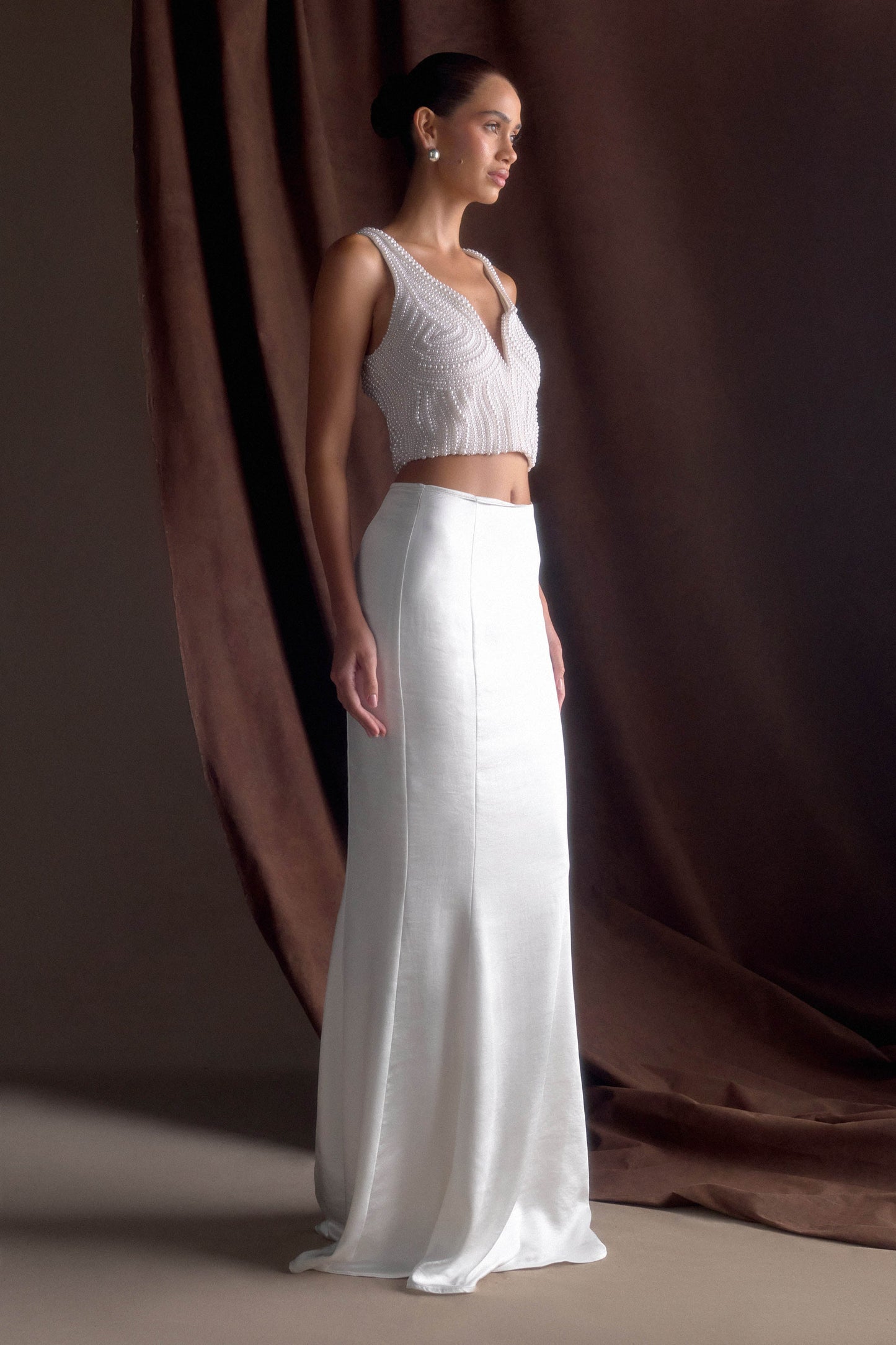 Khloe Satin Fishtail Maxi Skirt - White