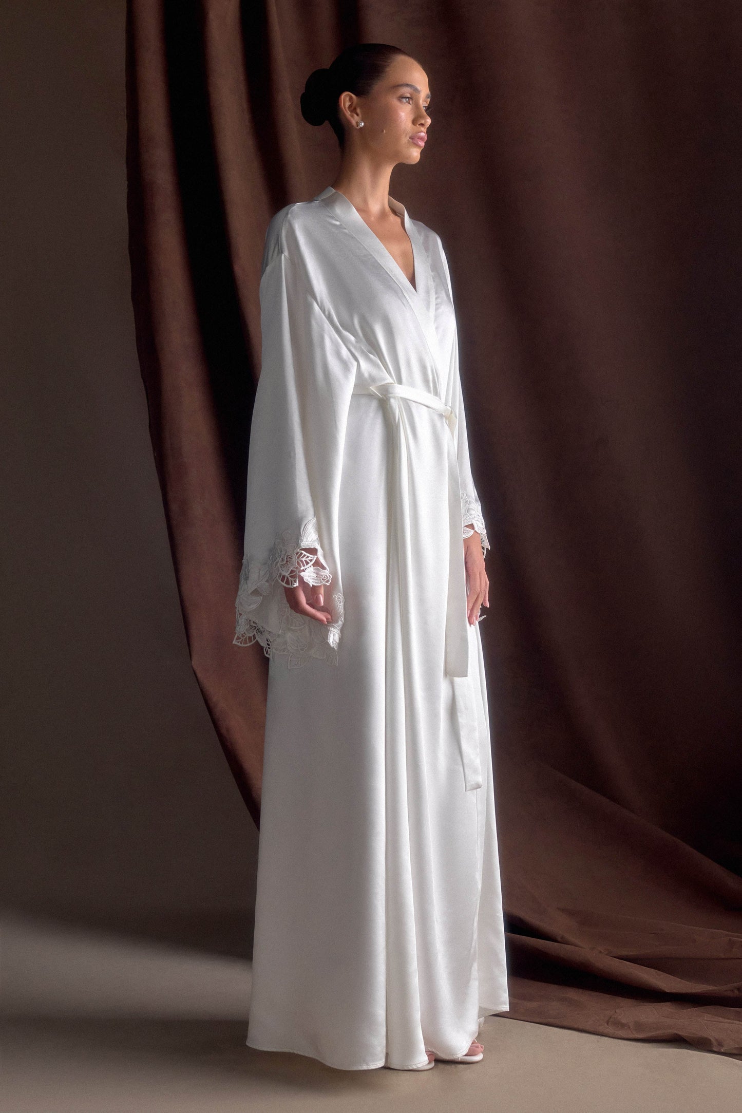 Sullivan Satin Bridal Robe With Lace - Ivory