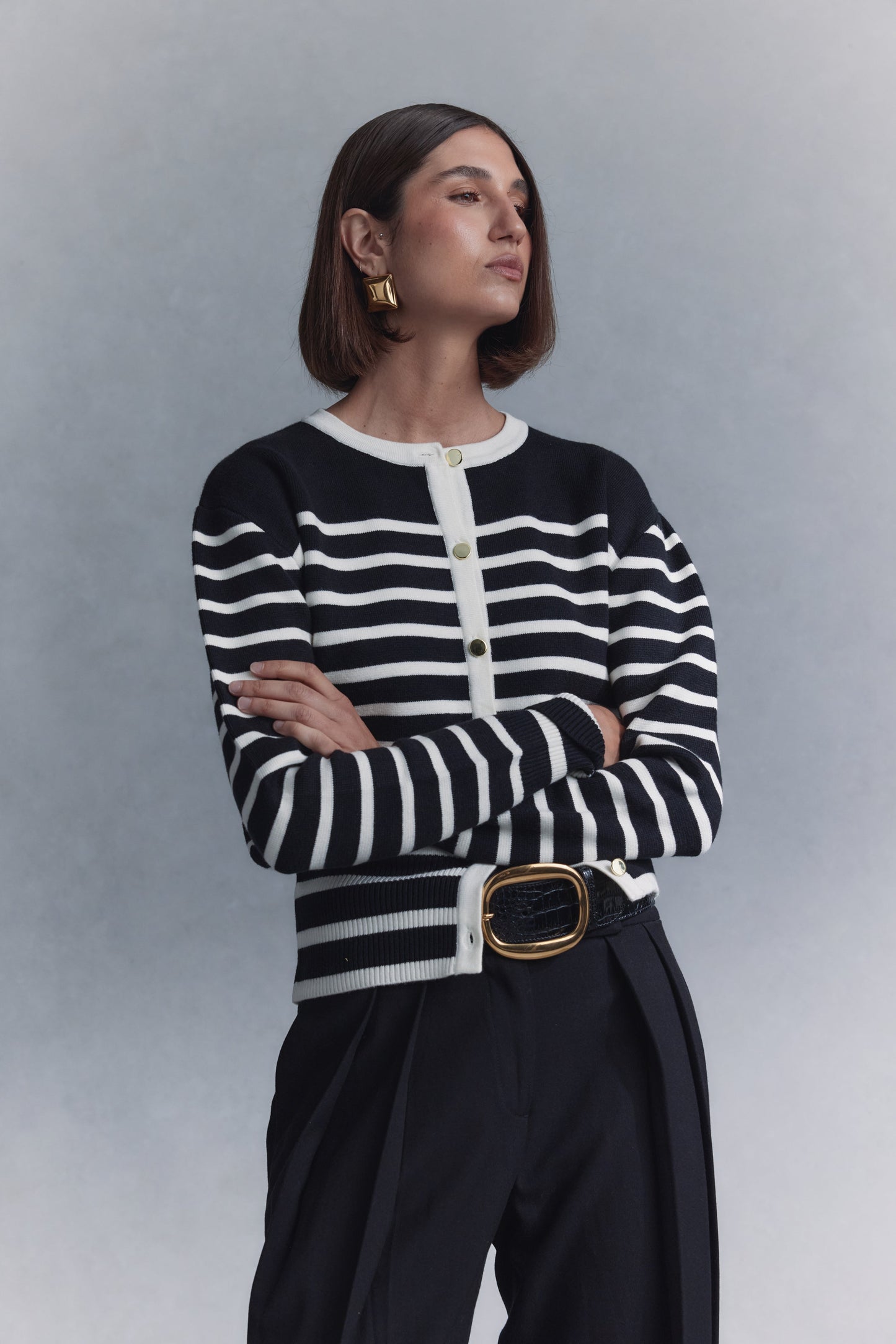 Talia Stripe Knit Cardigan - Black/White