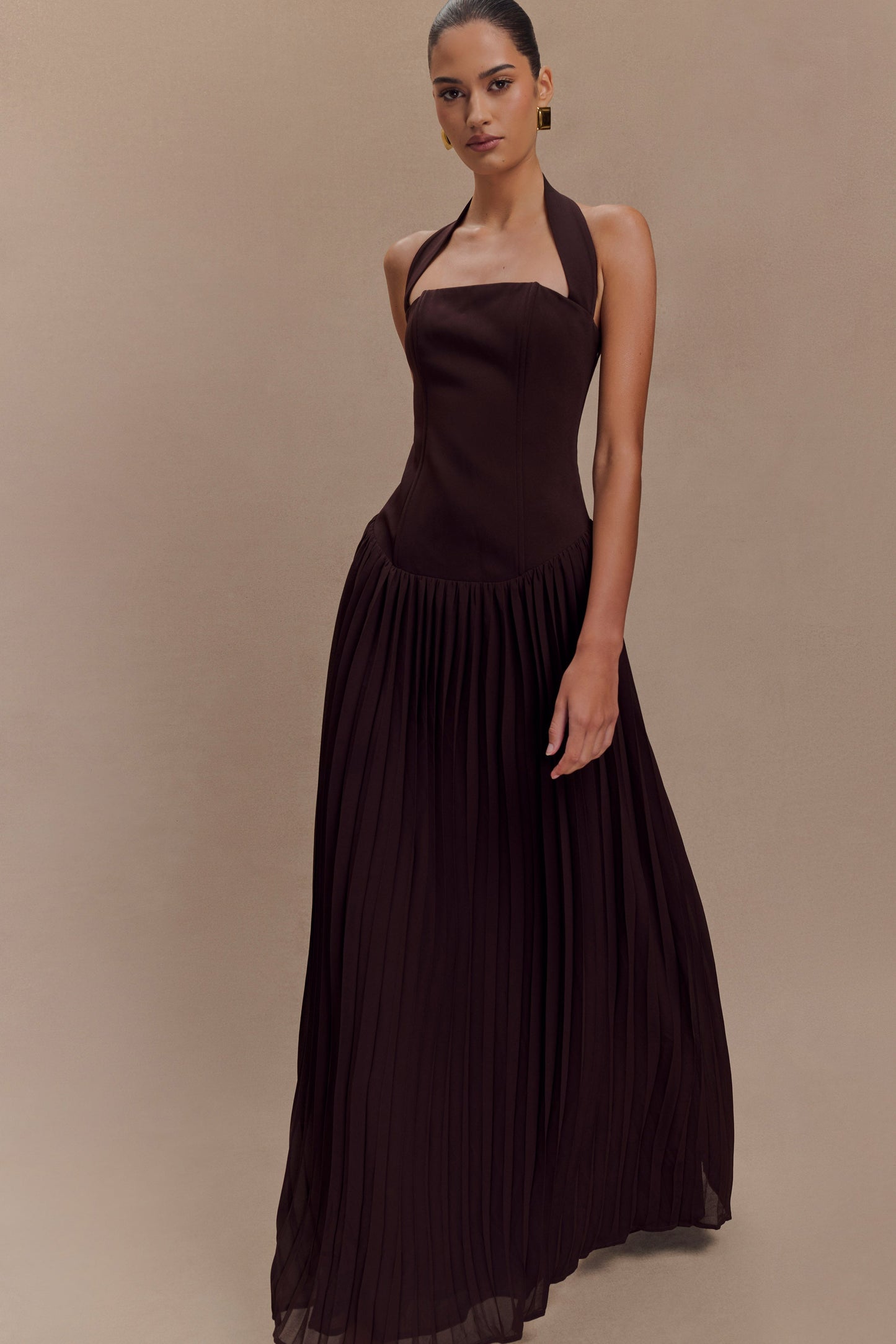 Stacie Pleated Halter Maxi Dress - Cacao