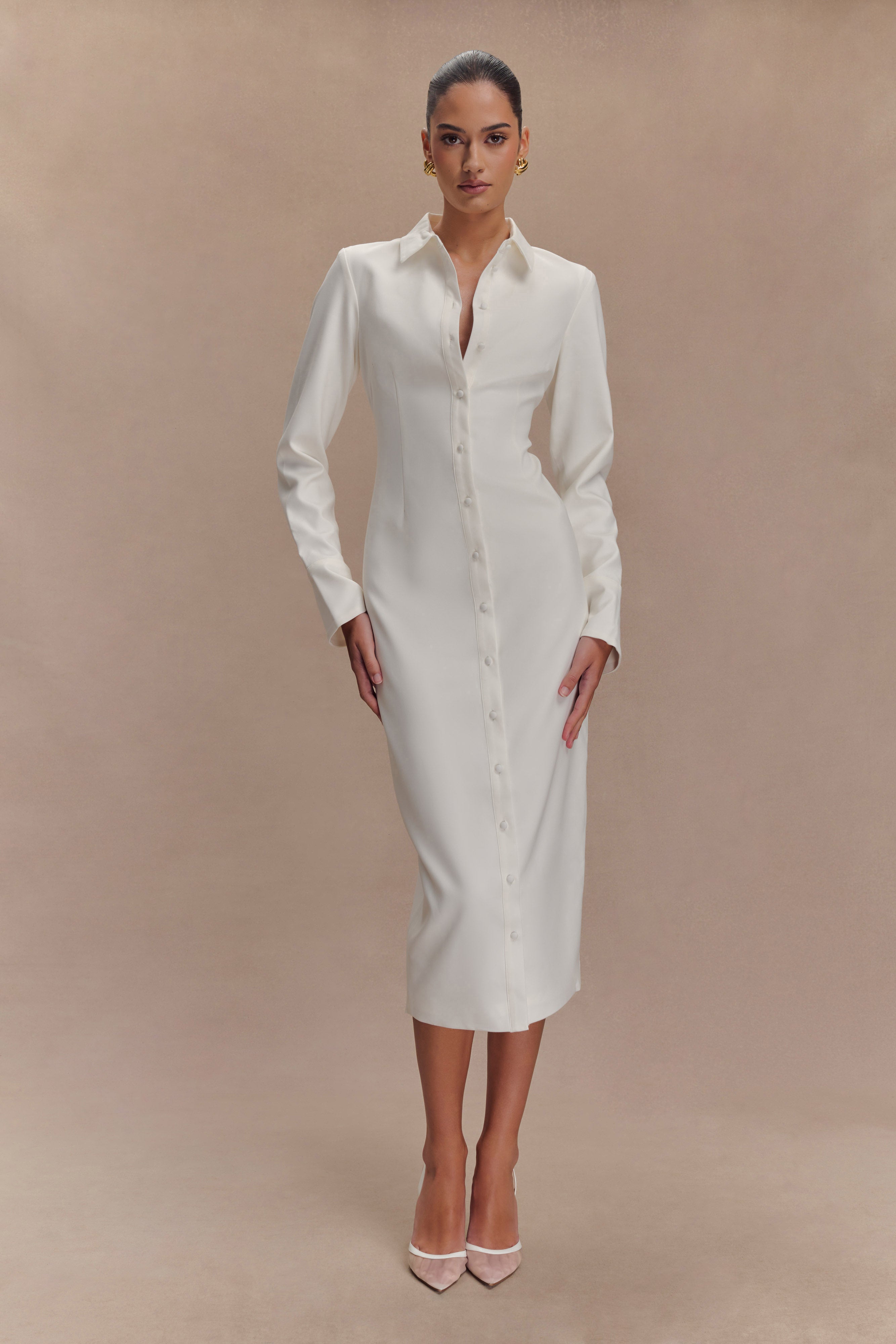 dorian fitted shirt midi dress Dorian Fitted Shirt Midi Dress / Wheat Marle | MESHKI