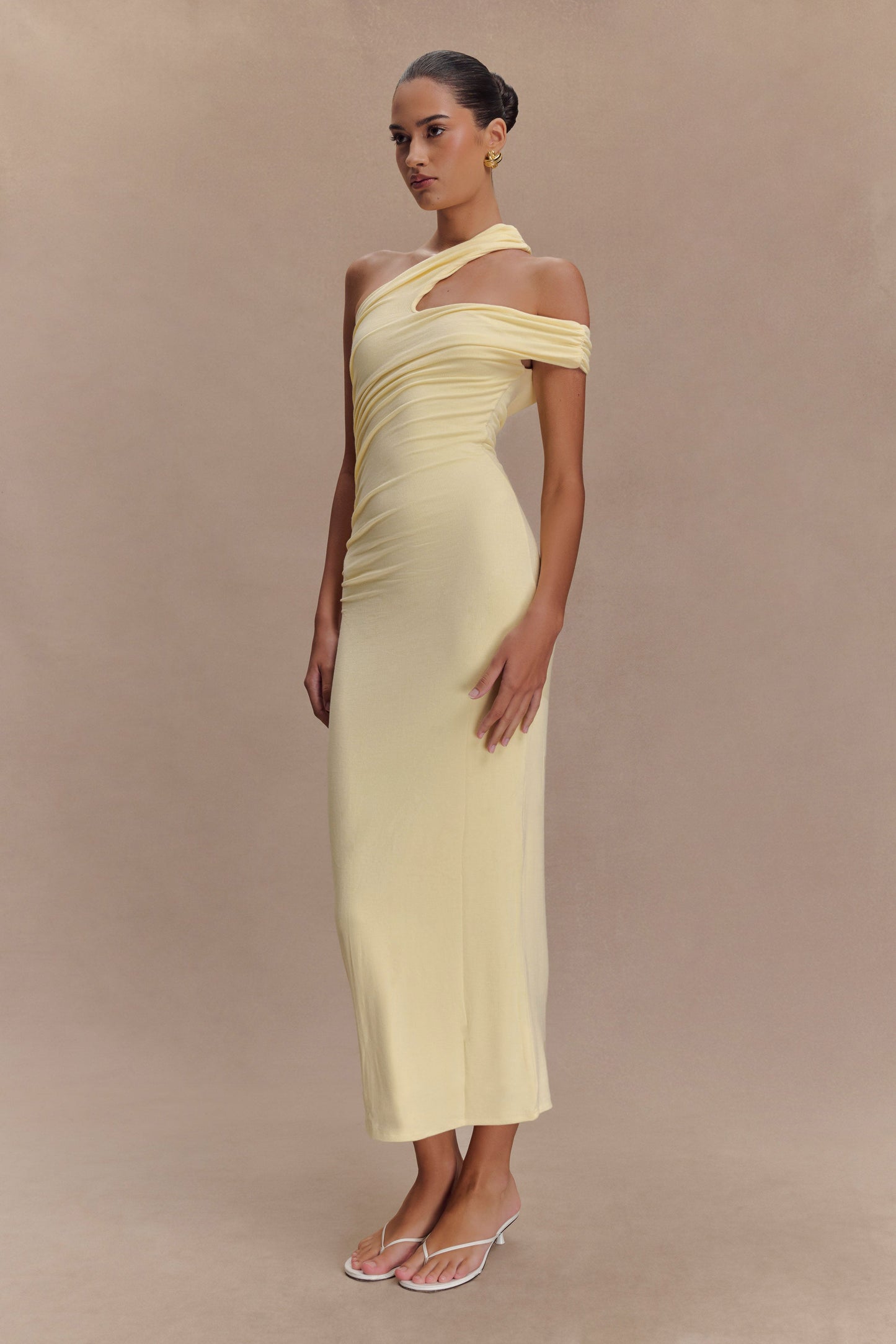 Anastasia One Shoulder Modal Midi Dress - Pale Lemon