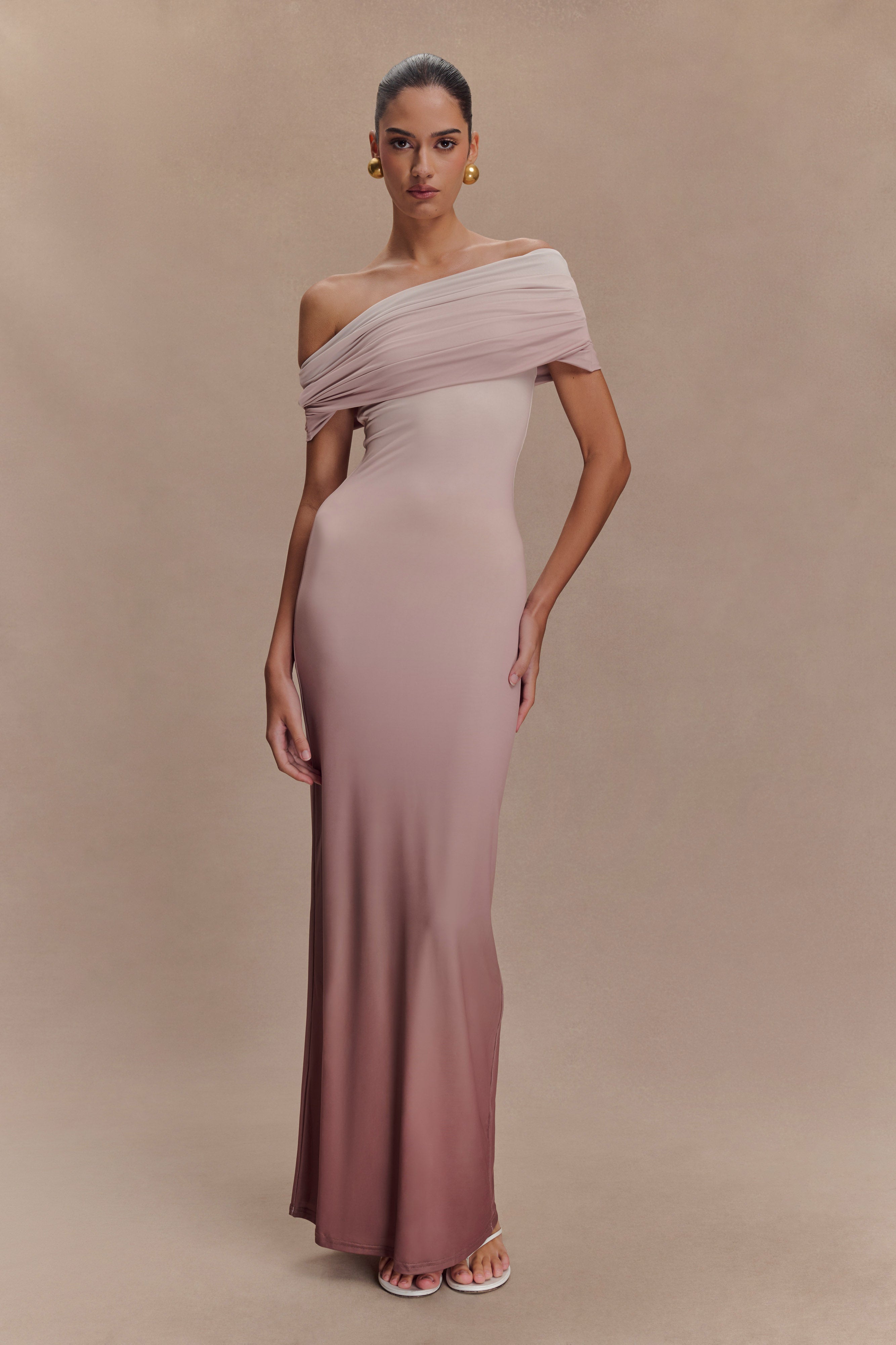 cassandra knit dress Off Shoulder Slinky Maxi - Neutral Ombre CW3353