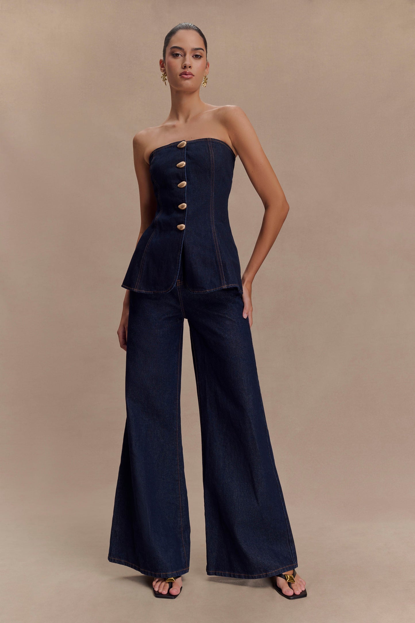 Lennox Strapless Long Line Button Top - Indigo Blue