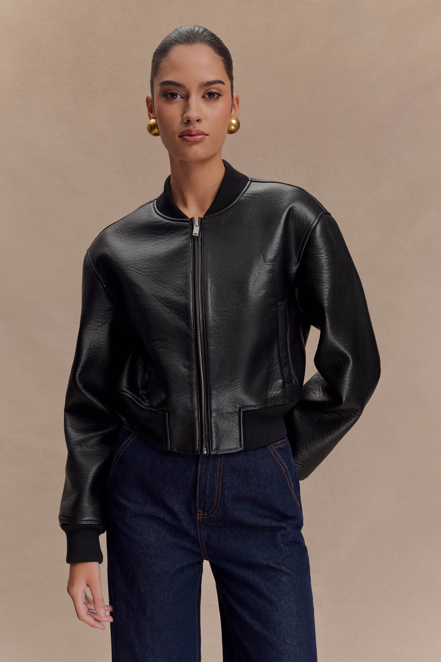 Codi Faux Leather Bomber Jacket - Black