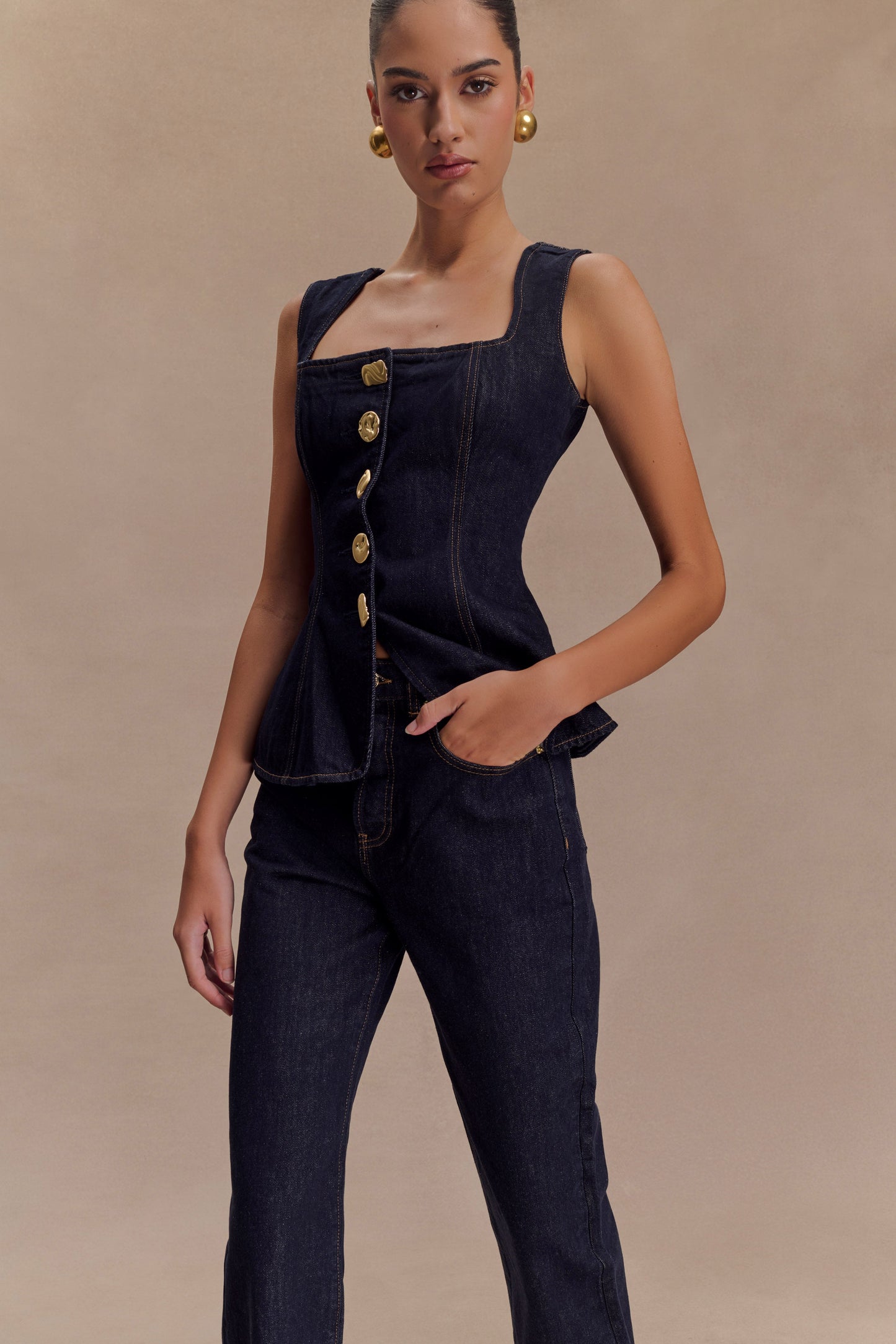 Neve Sleeveless Buttoned Denim Top - Washed Indigo Blue