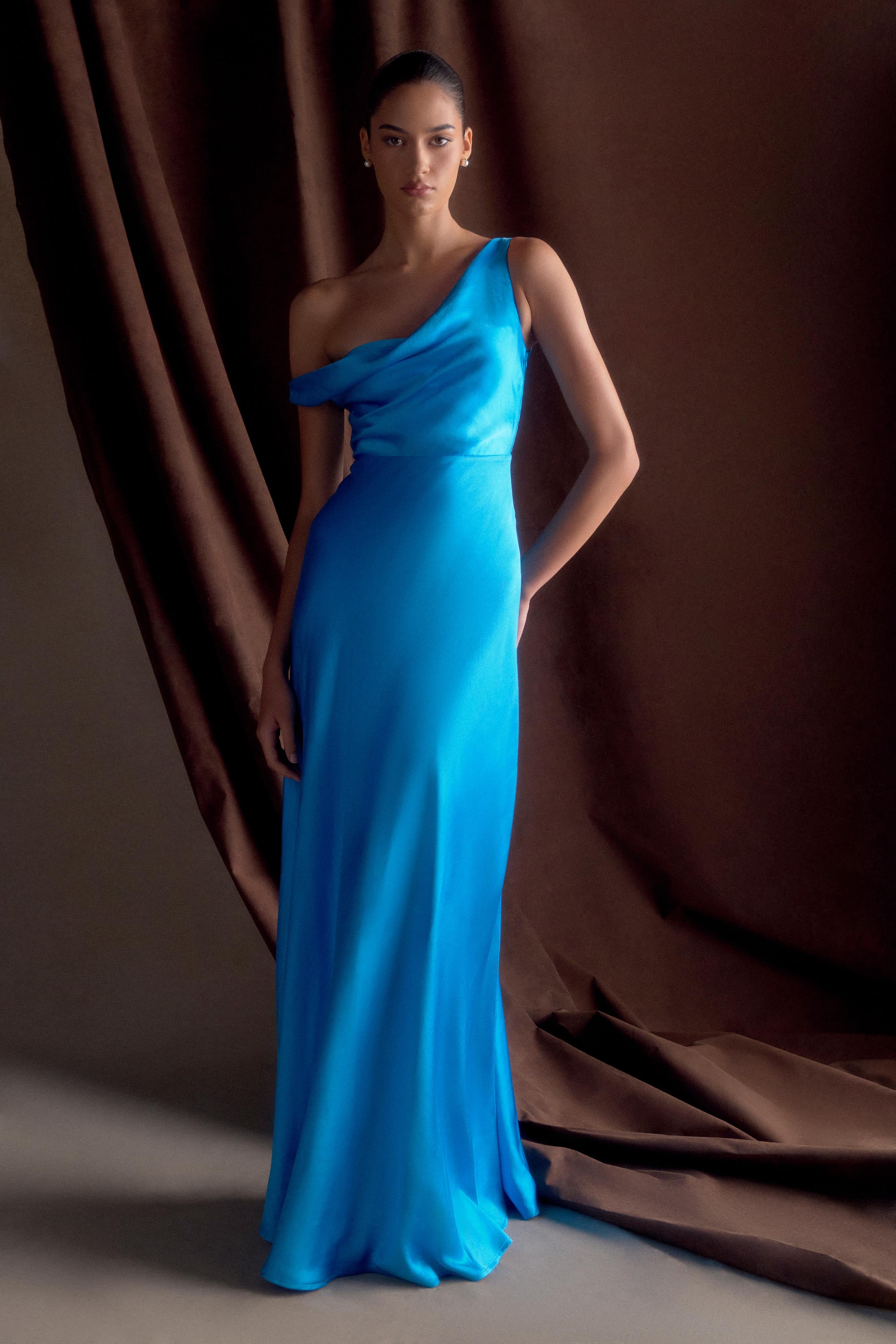 Jacinta One Shoulder Maxi Dress - Cyan Blue | MESHKI US