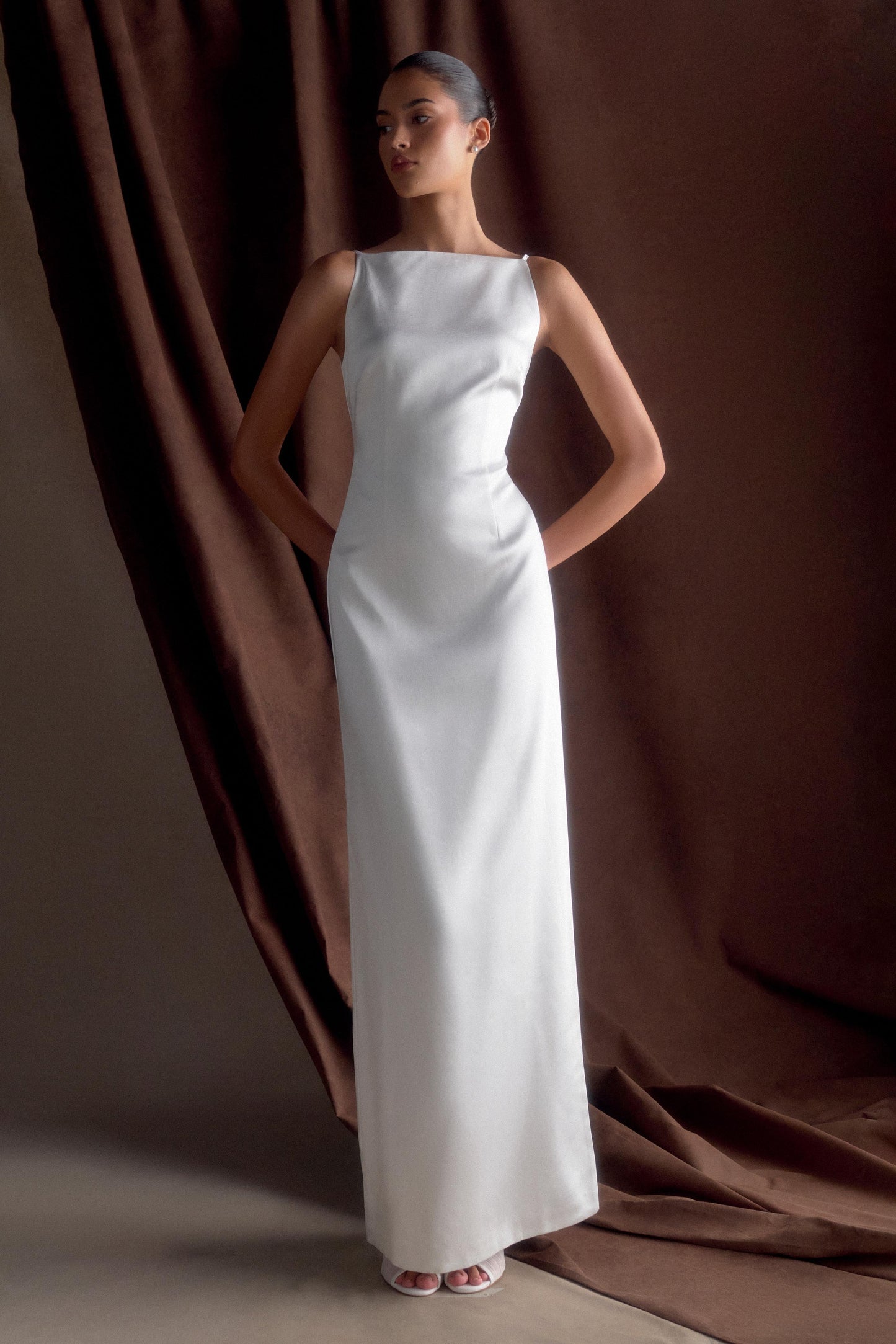 Violet Sleeveless Satin Maxi Dress - White