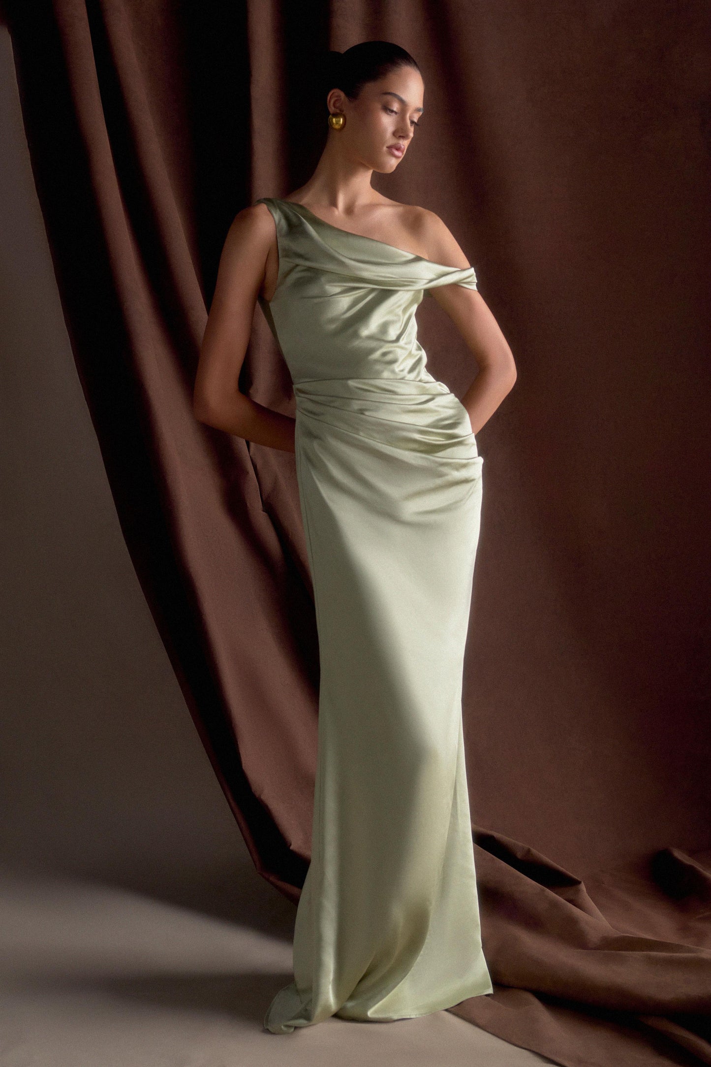 Dalia Off Shoulder Satin Maxi Dress - Sage