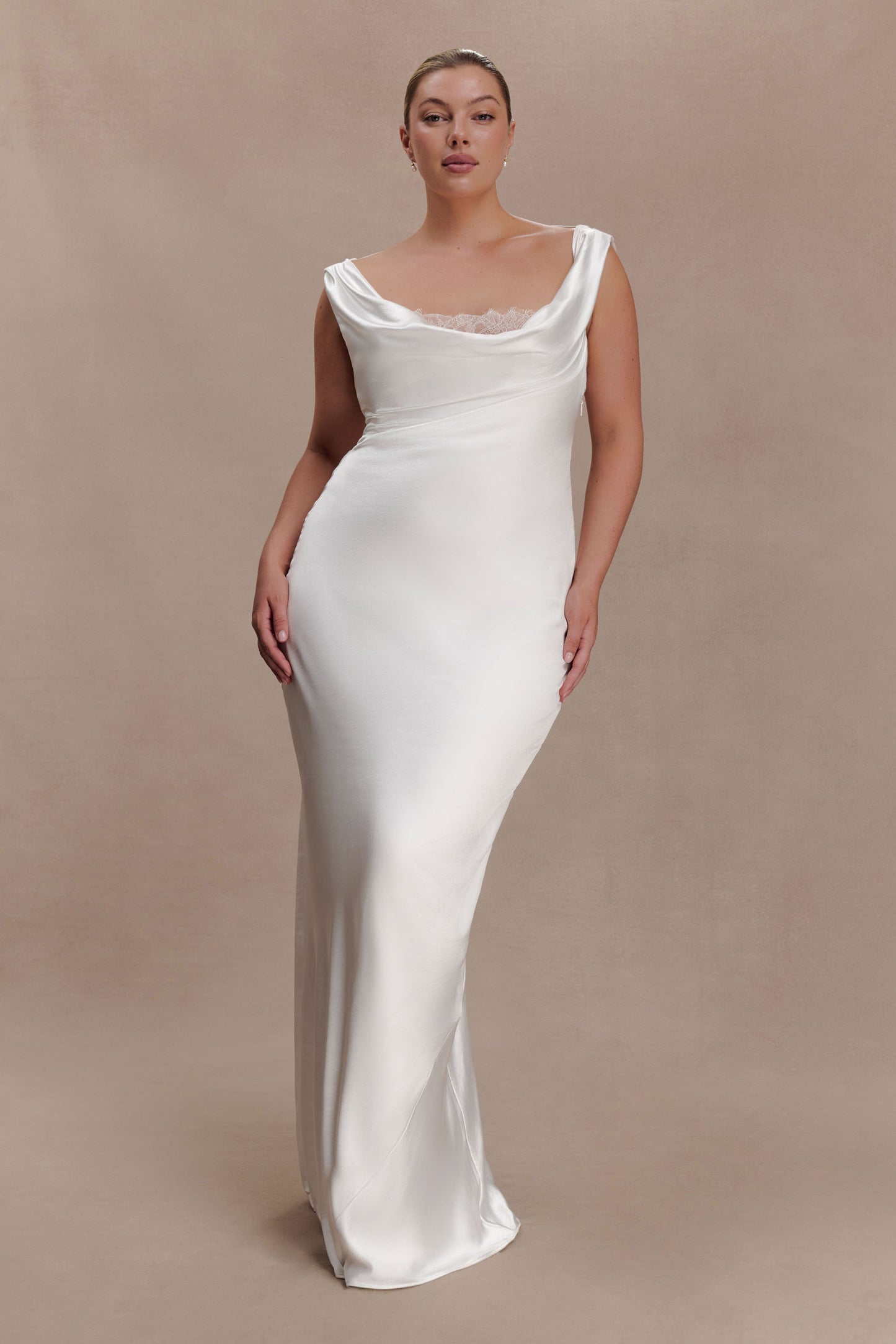 Ashley Cowl Neck Lace And Satin Maxi Dress - Ivory