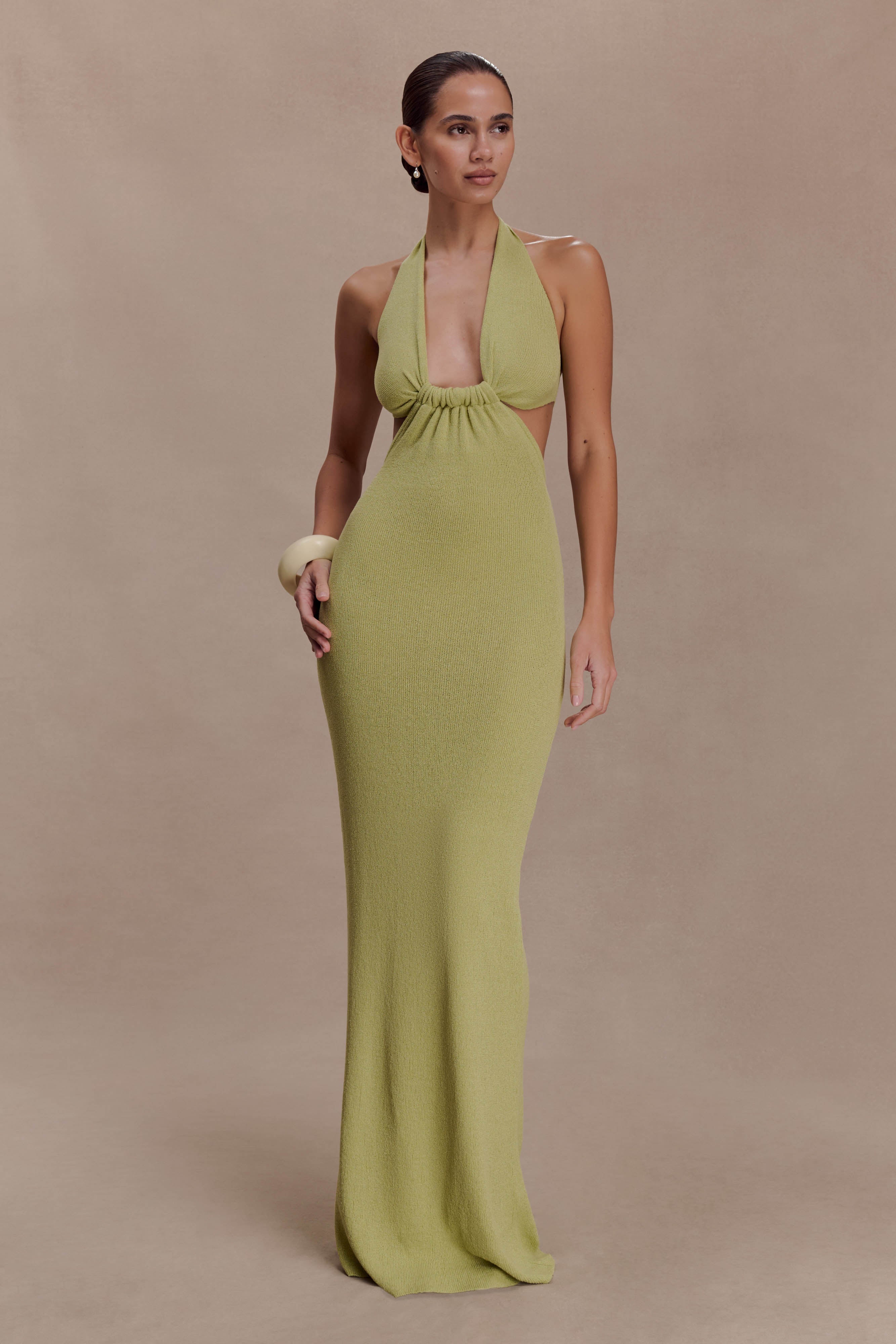 Theresea Halter Knit Maxi Dress - Light Olive | MESHKI US