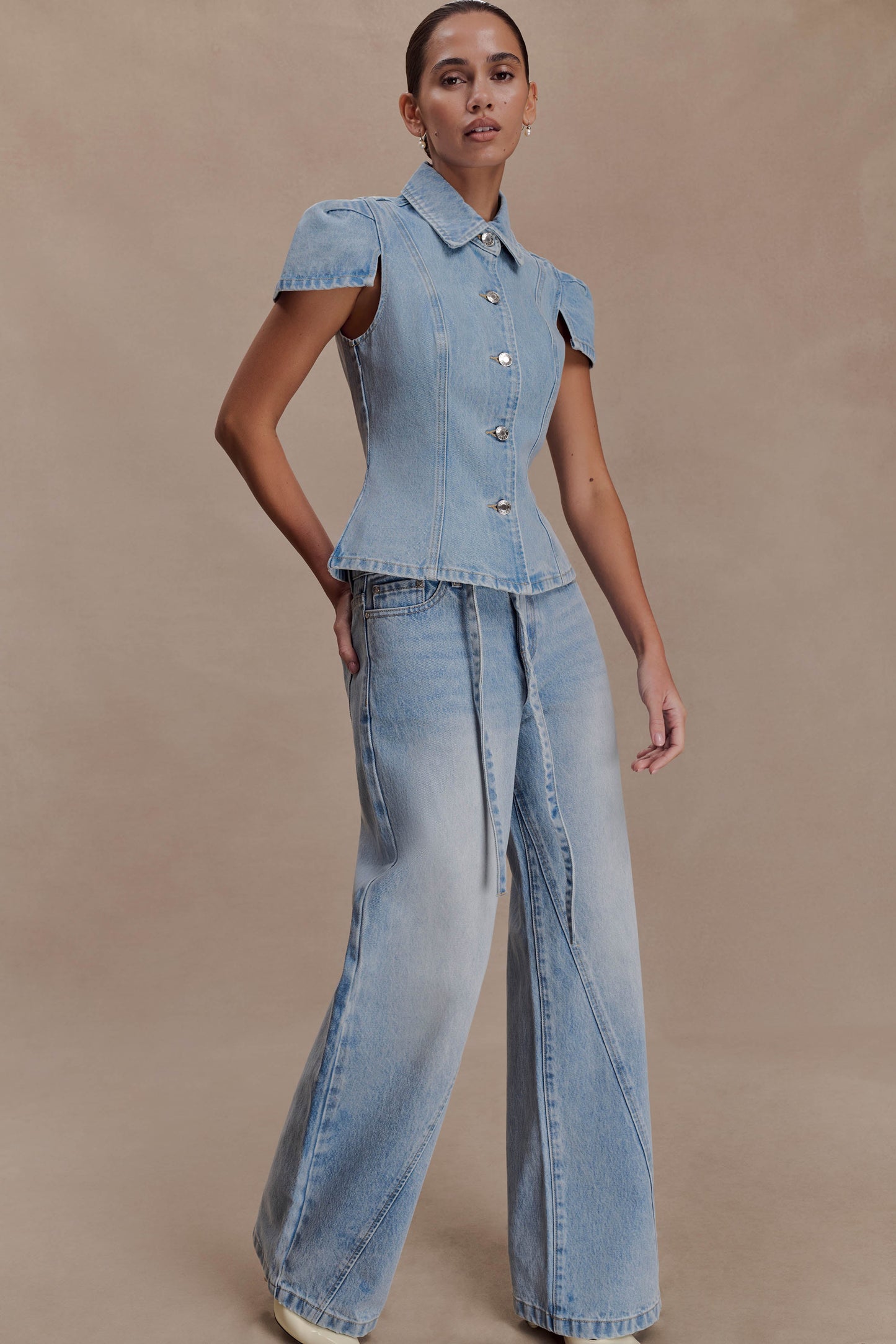 Perrie Mid Rise Straight Leg Tie Jeans - Washed Light Blue