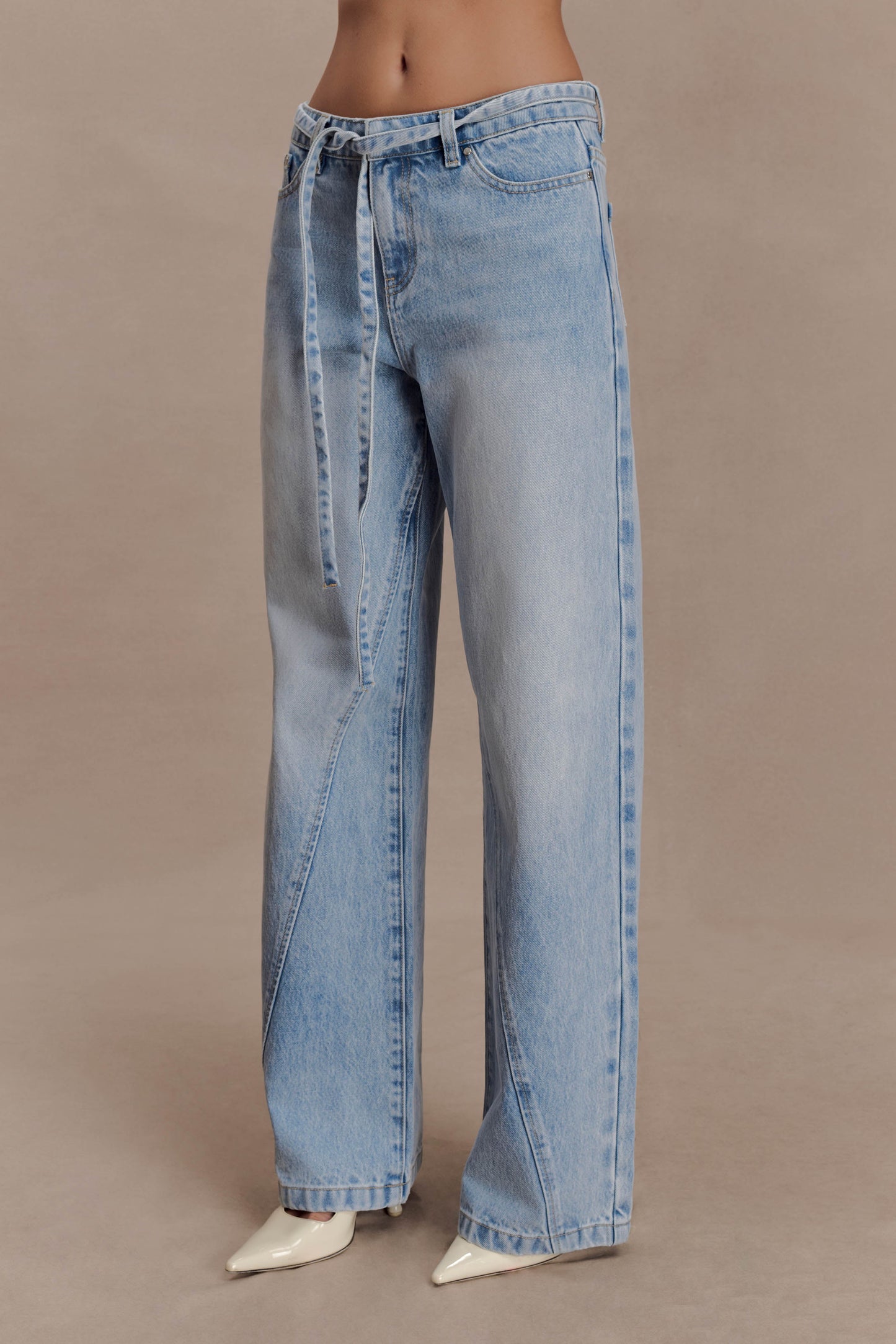 Perrie Mid Rise Straight Leg Tie Jeans - Washed Light Blue
