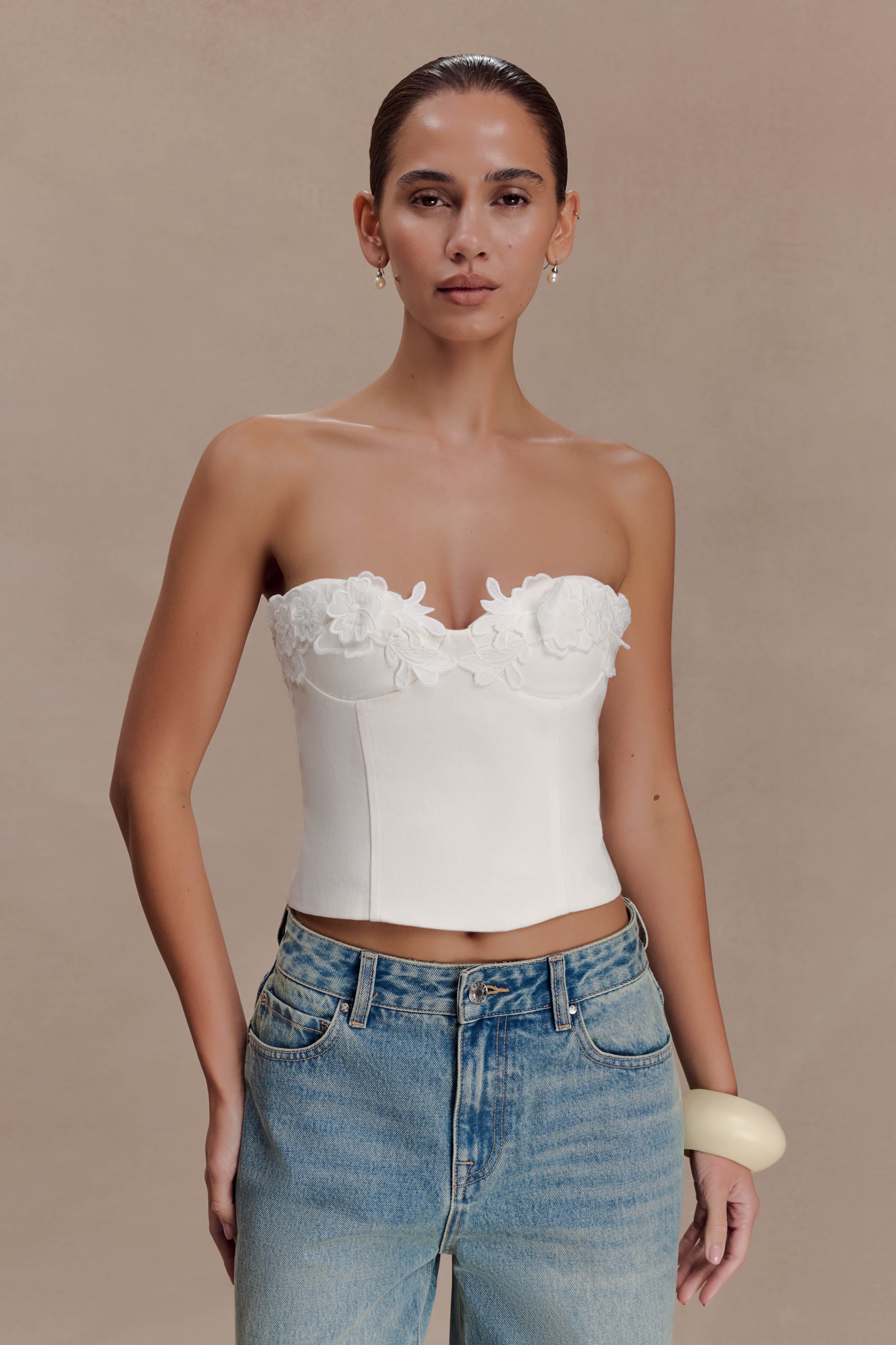 MESHKI Melany Applique Denim Bustier - White