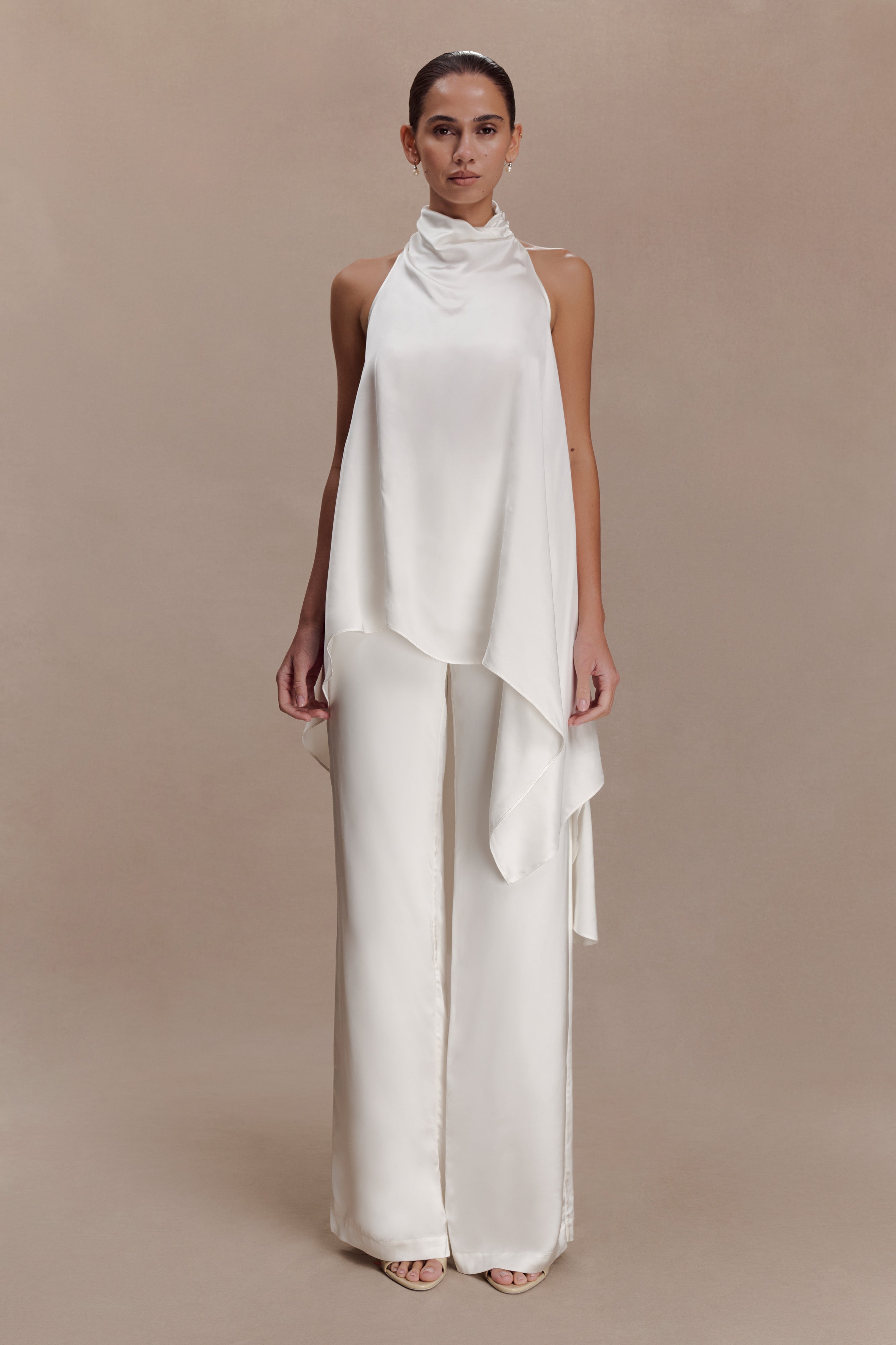 MESHKI Sydney Asymmetrical Satin Halter Top - Ivory