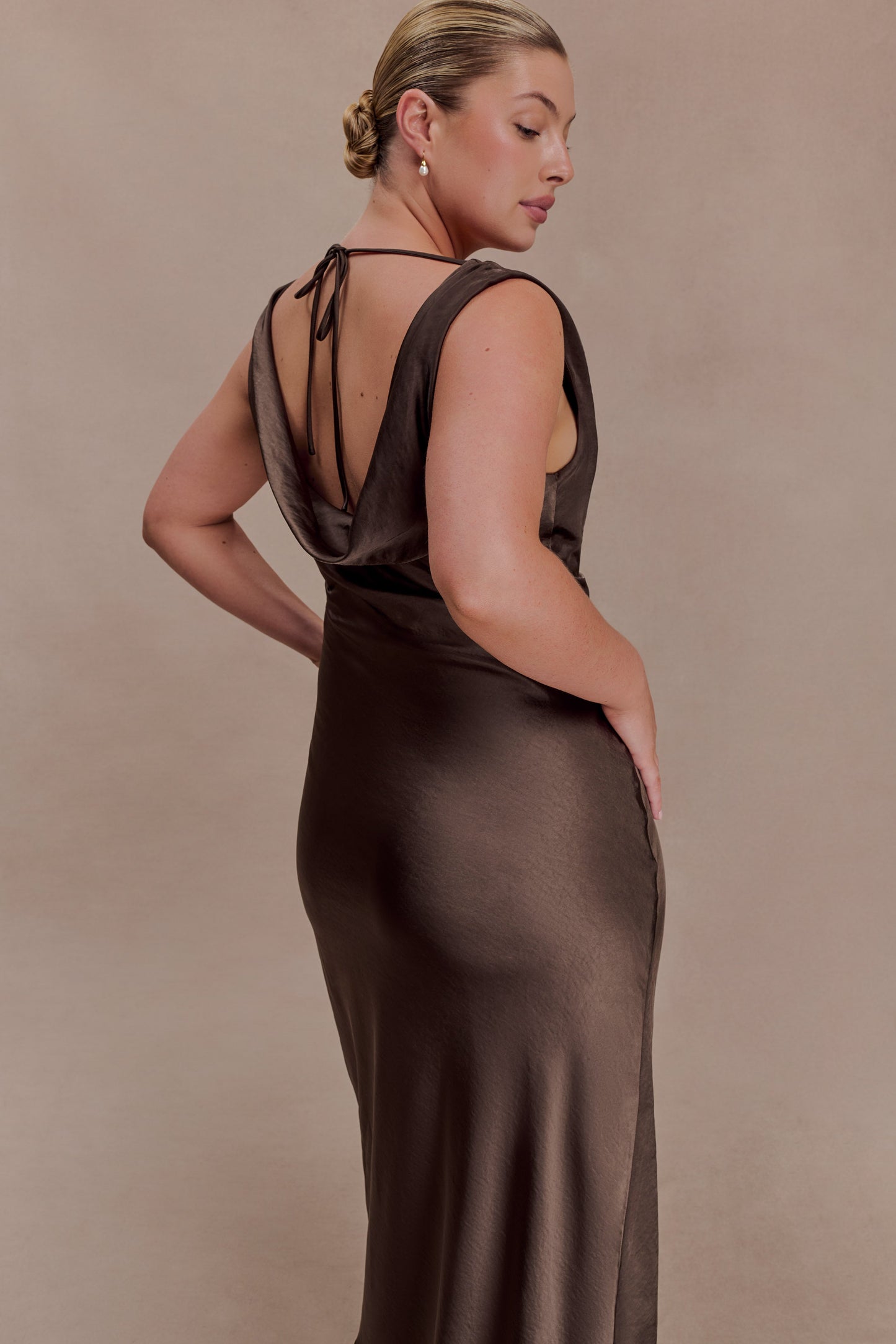 Ashley Cowl Neck Lace And Satin Maxi Dress - Mocha