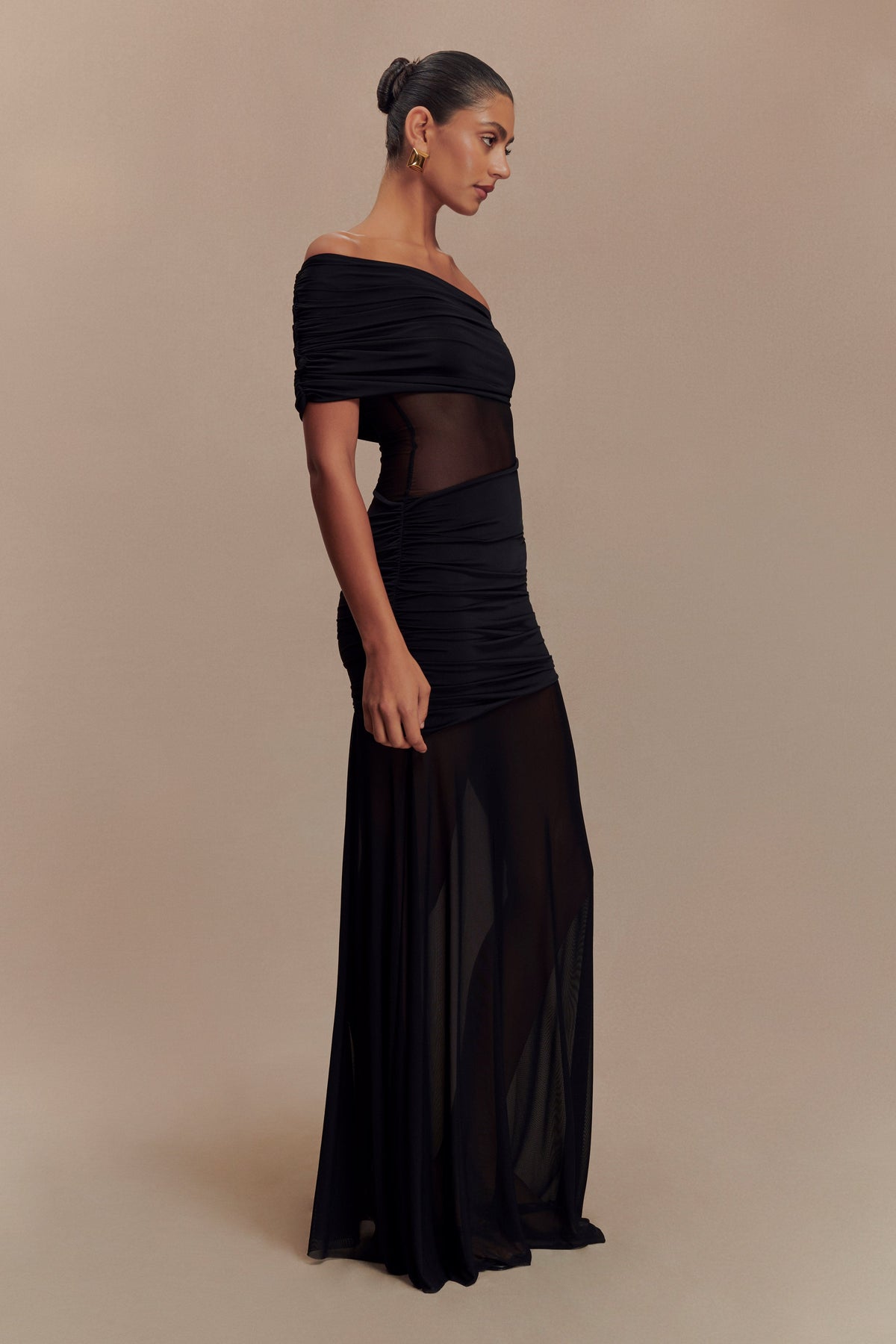 Dallas One Shoulder Mesh Maxi Dress - Black