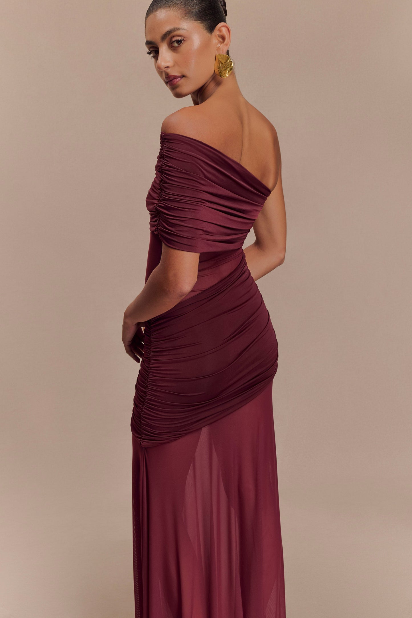 Dallas One Shoulder Mesh Maxi Dress - Burgundy