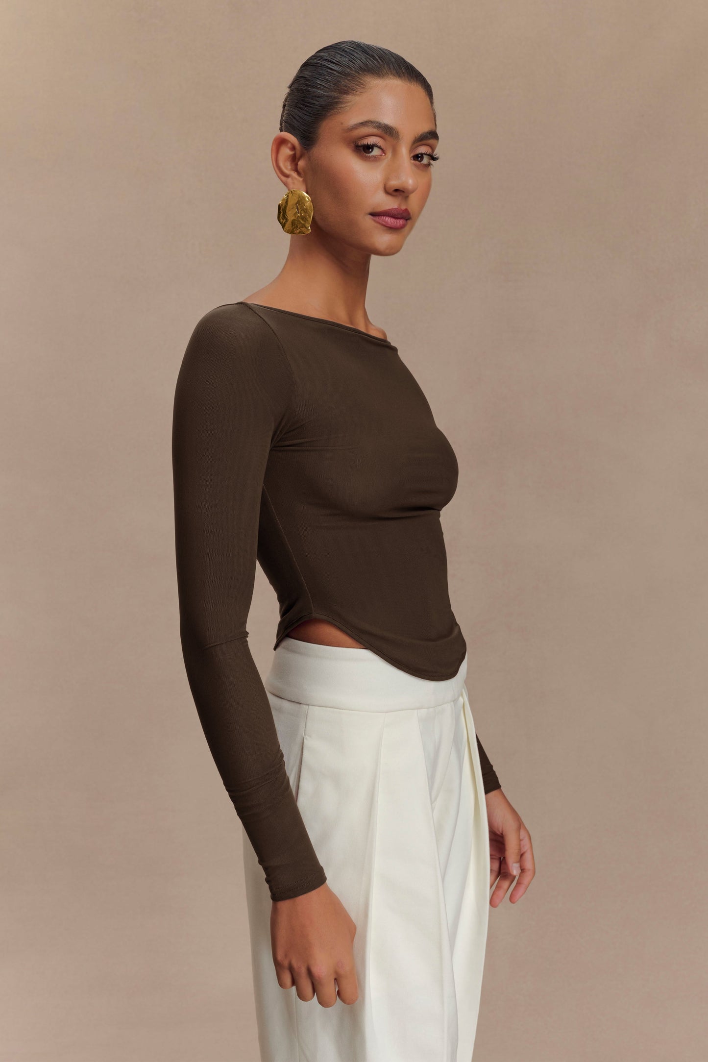 Colette Boat Neck Mesh Top - Dark Chocolate