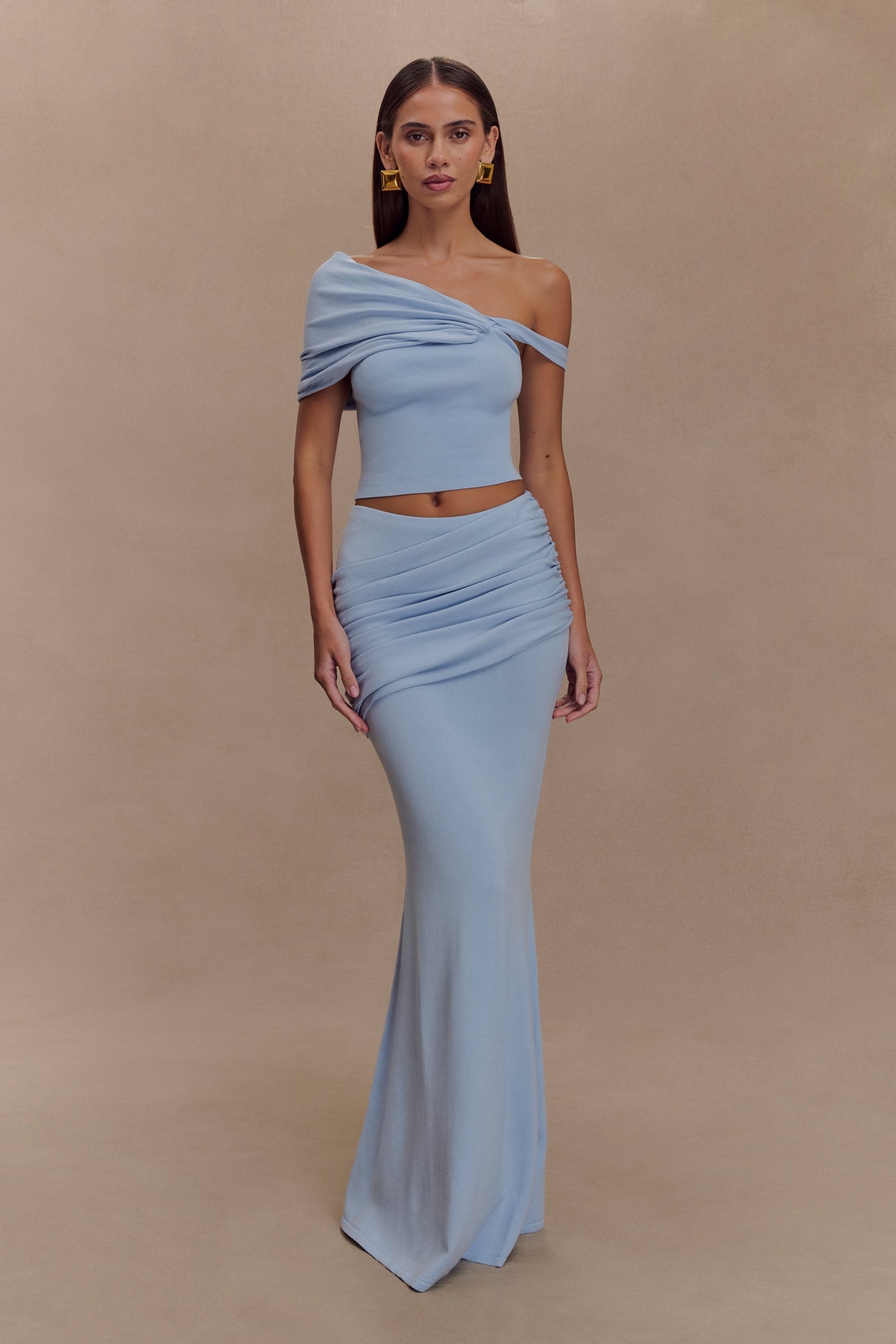 Irene Gathered Knit Maxi Skirt - Blue