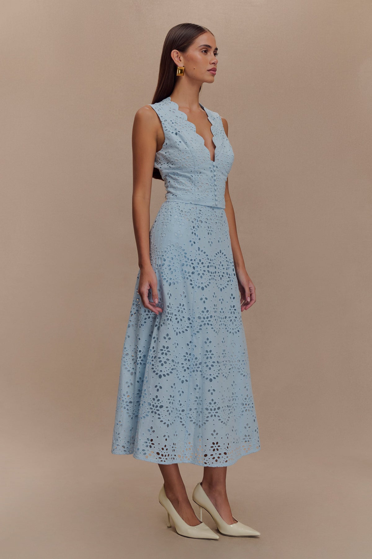 Arla Broderie Midi Skirt - Pale Cornflower Blue