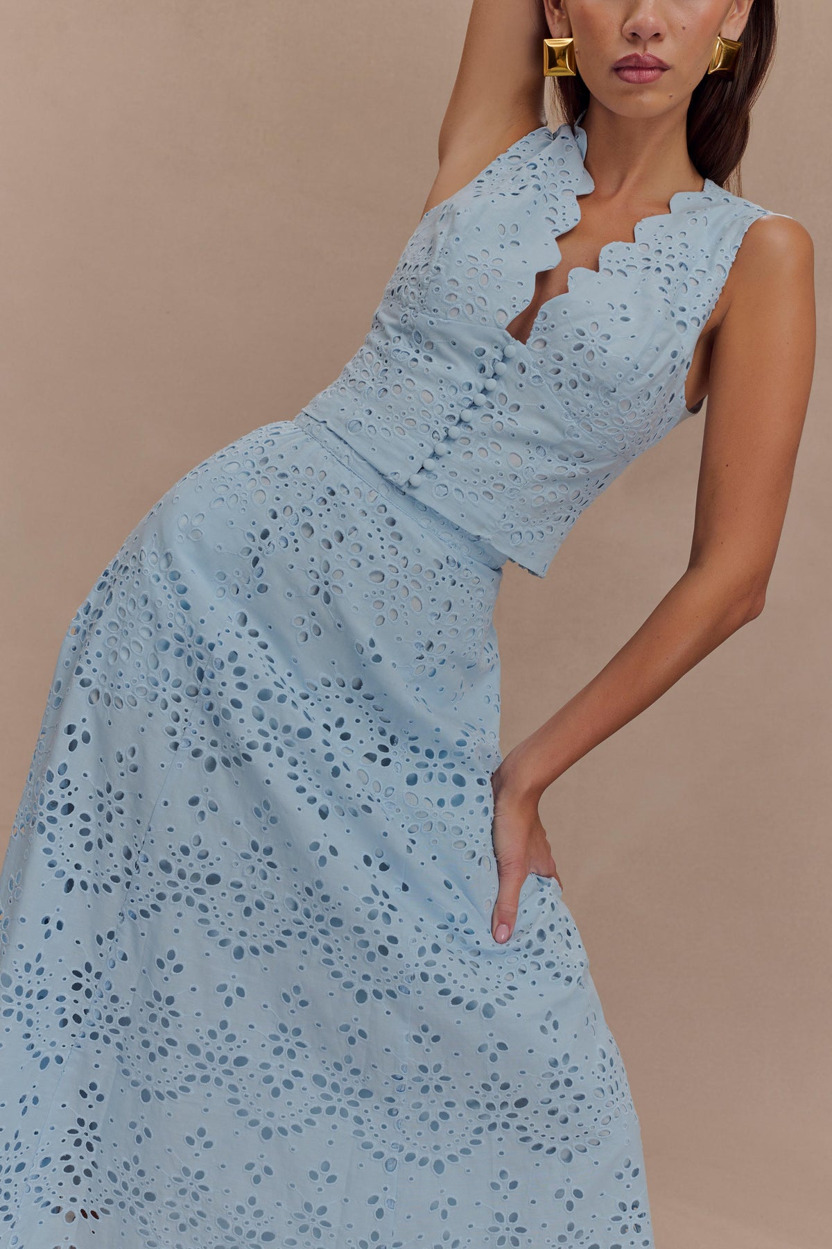 Arla Broderie Midi Skirt - Pale Cornflower Blue