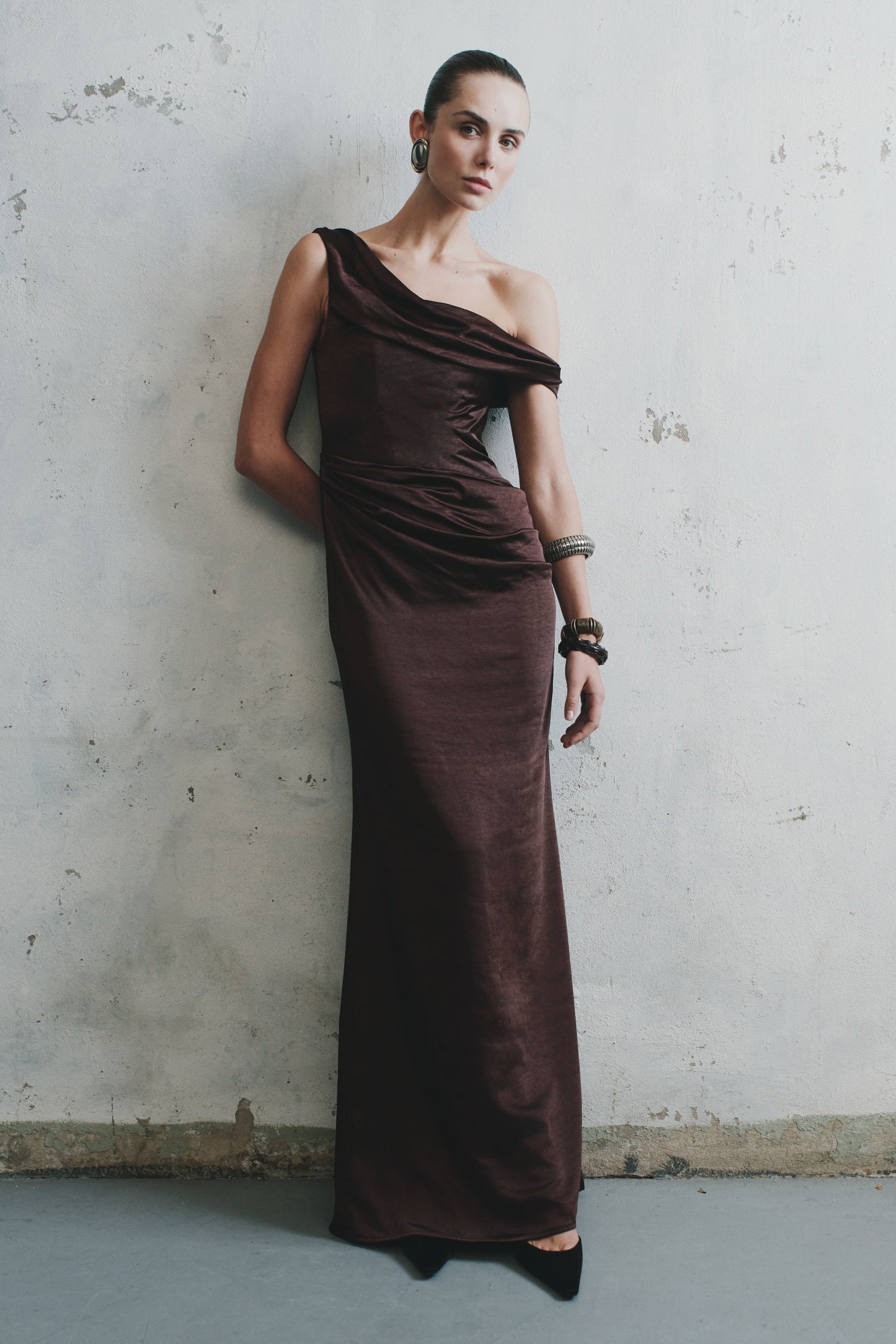 Dalia Off Shoulder Satin Maxi Dress - Dark Chocolate
