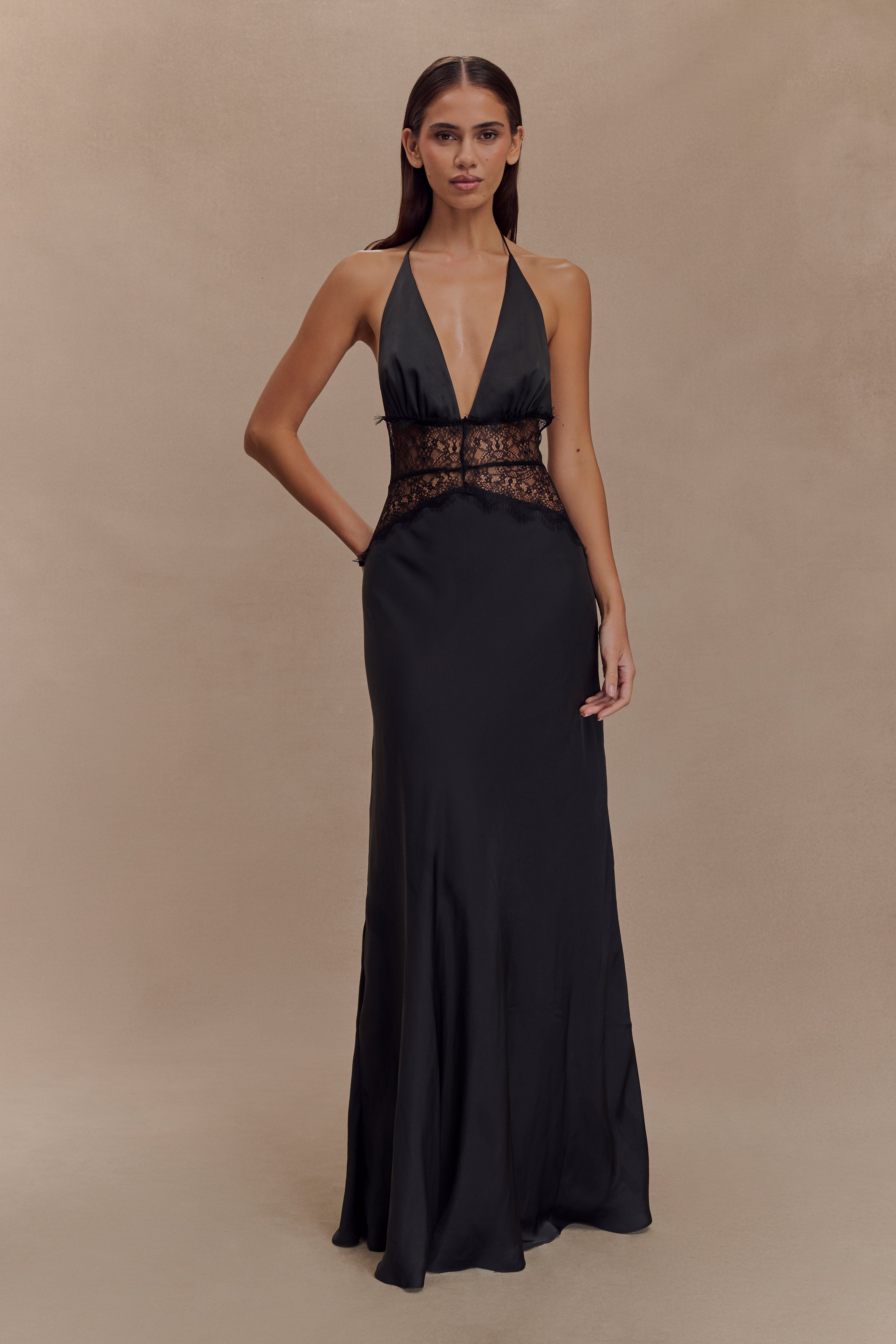 Dinah Lace And Satin Maxi Dress / Black | MESHKI