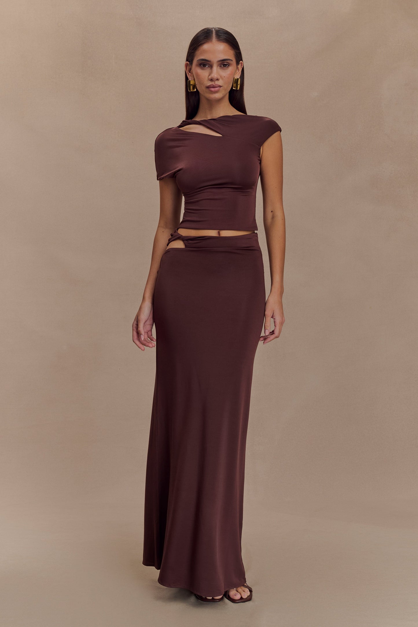 Haven Slinky Twist Midi Skirt - Chocolate