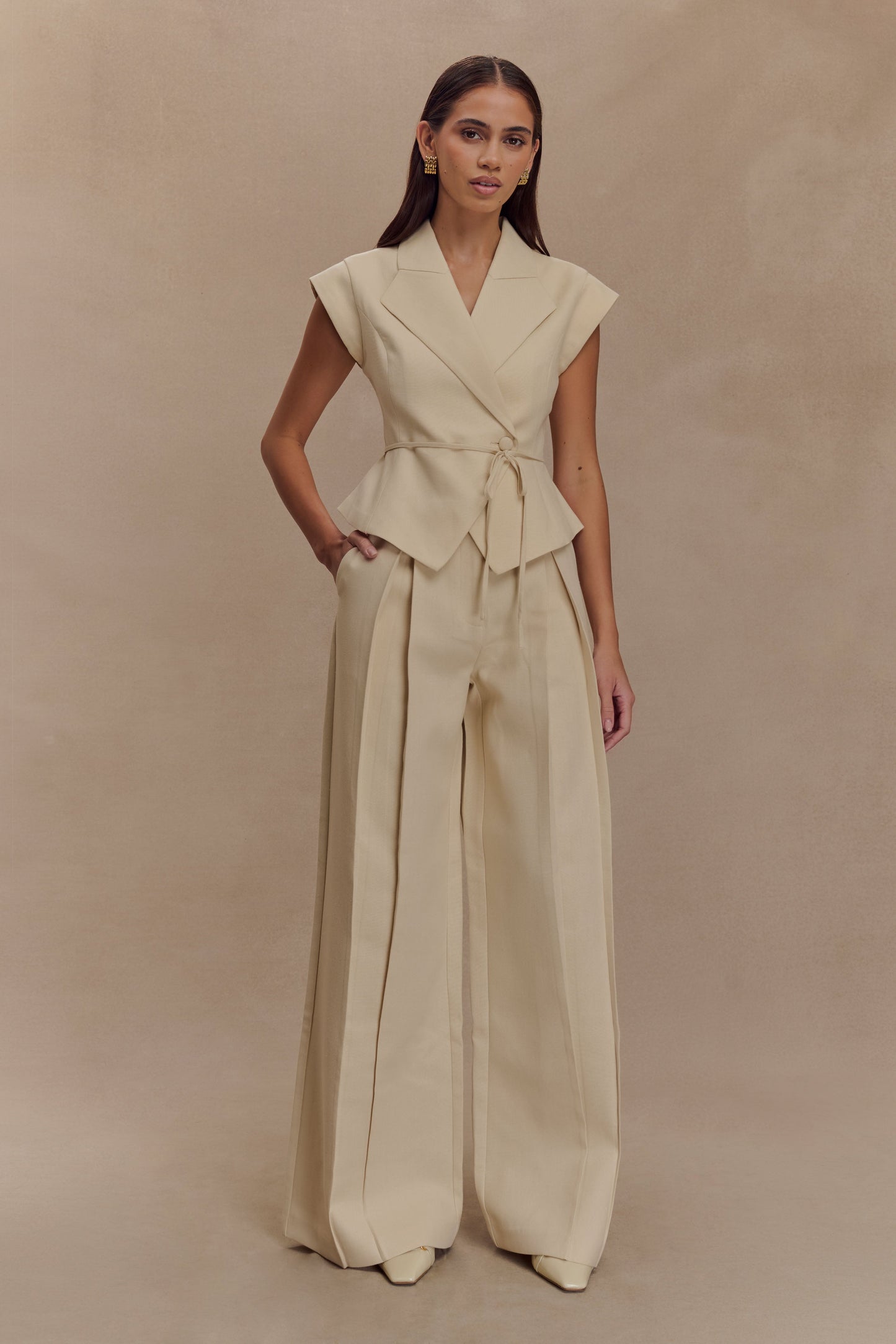 Raya Mid Rise Wide Leg Linen Pant - Natural Beige