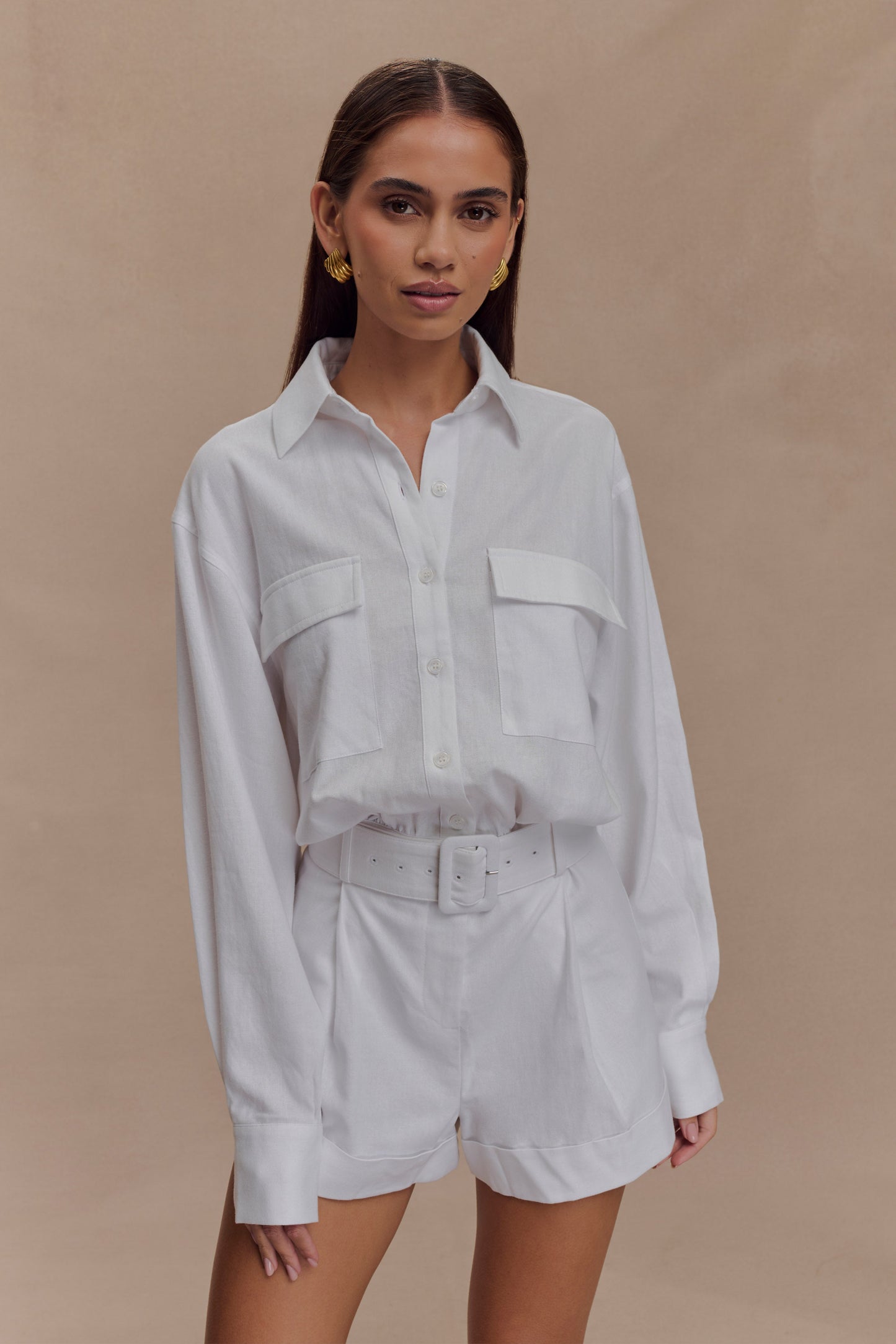 Adia Linen Belted Playsuit - White