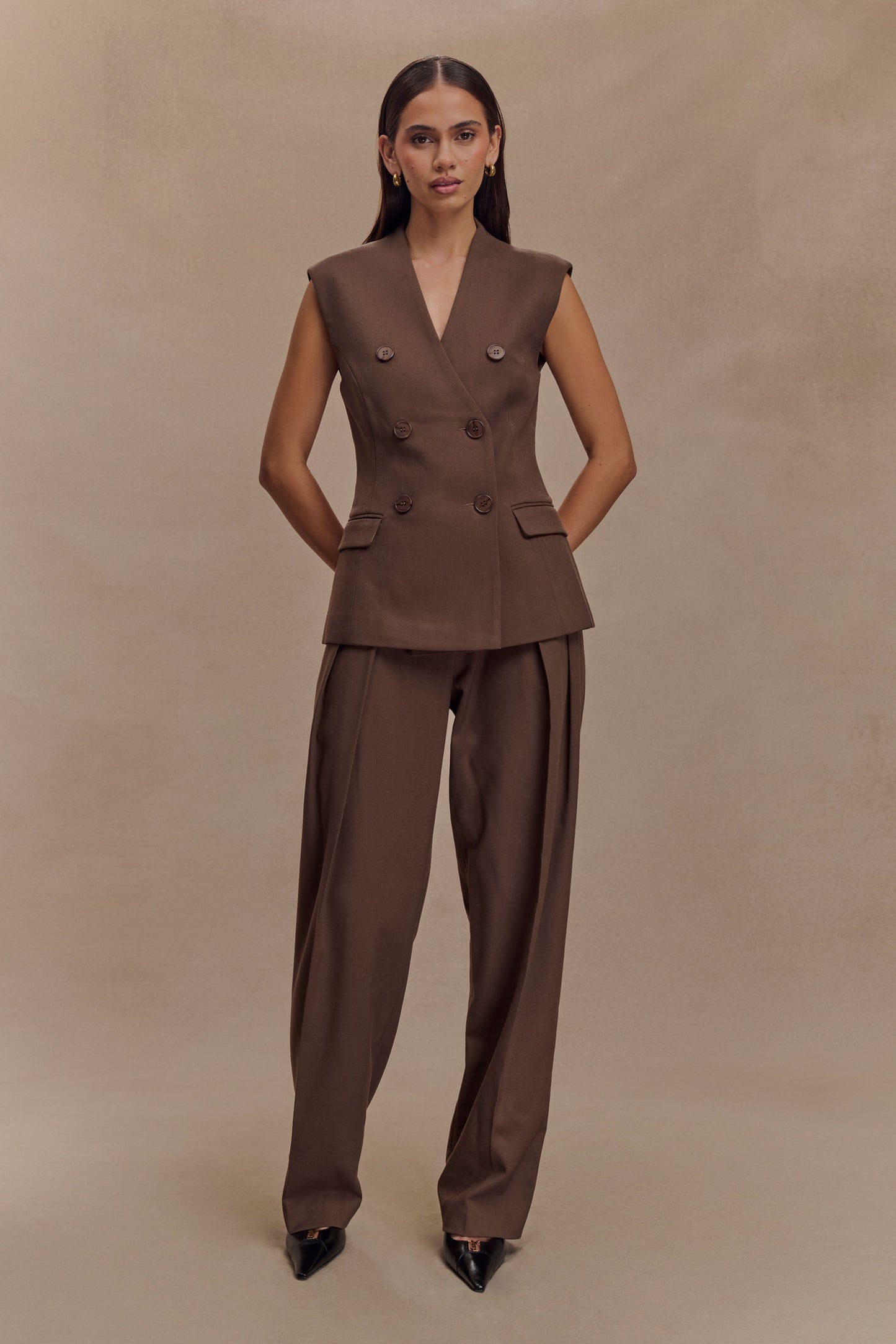Penelope Suiting Sleeveless Blazer - Chocolate