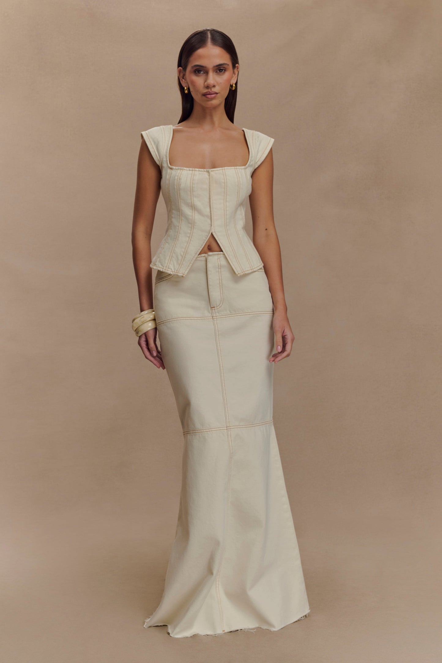 Loretta Cap Sleeve Denim Top - Ecru