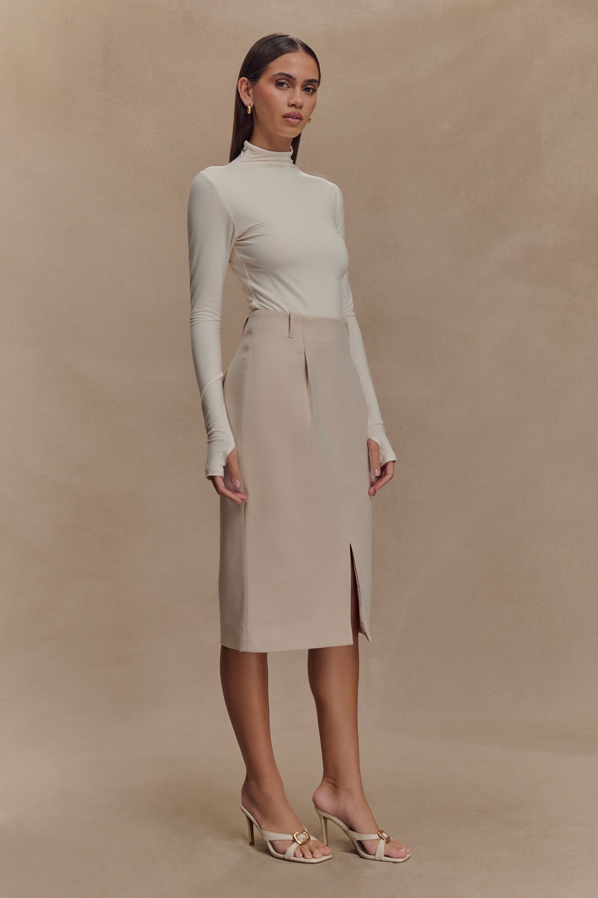 Vera Suiting Split Front Midi Skirt - Ivory Stone