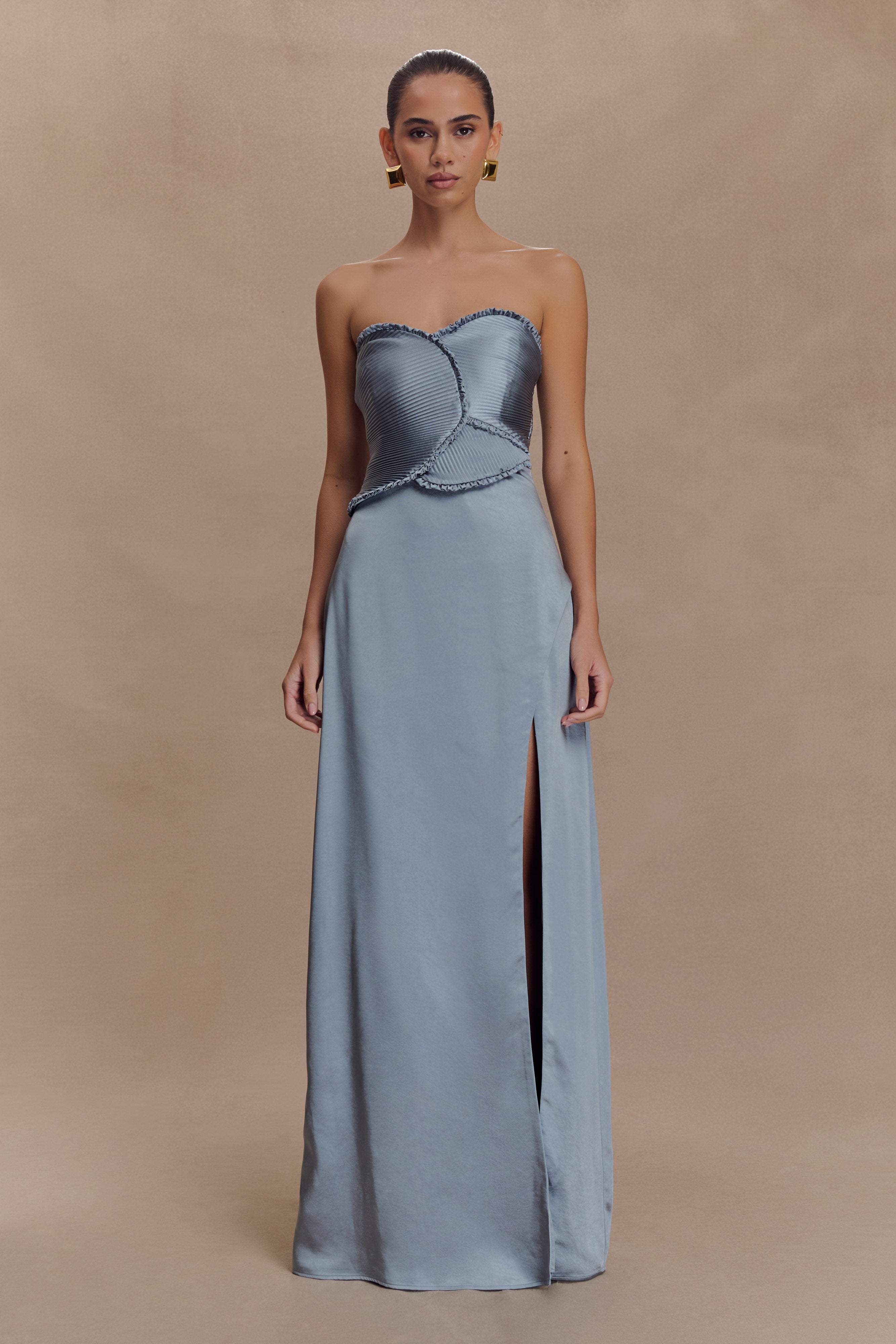 Larissa Satin Maxi Dress With Ruched Petals
