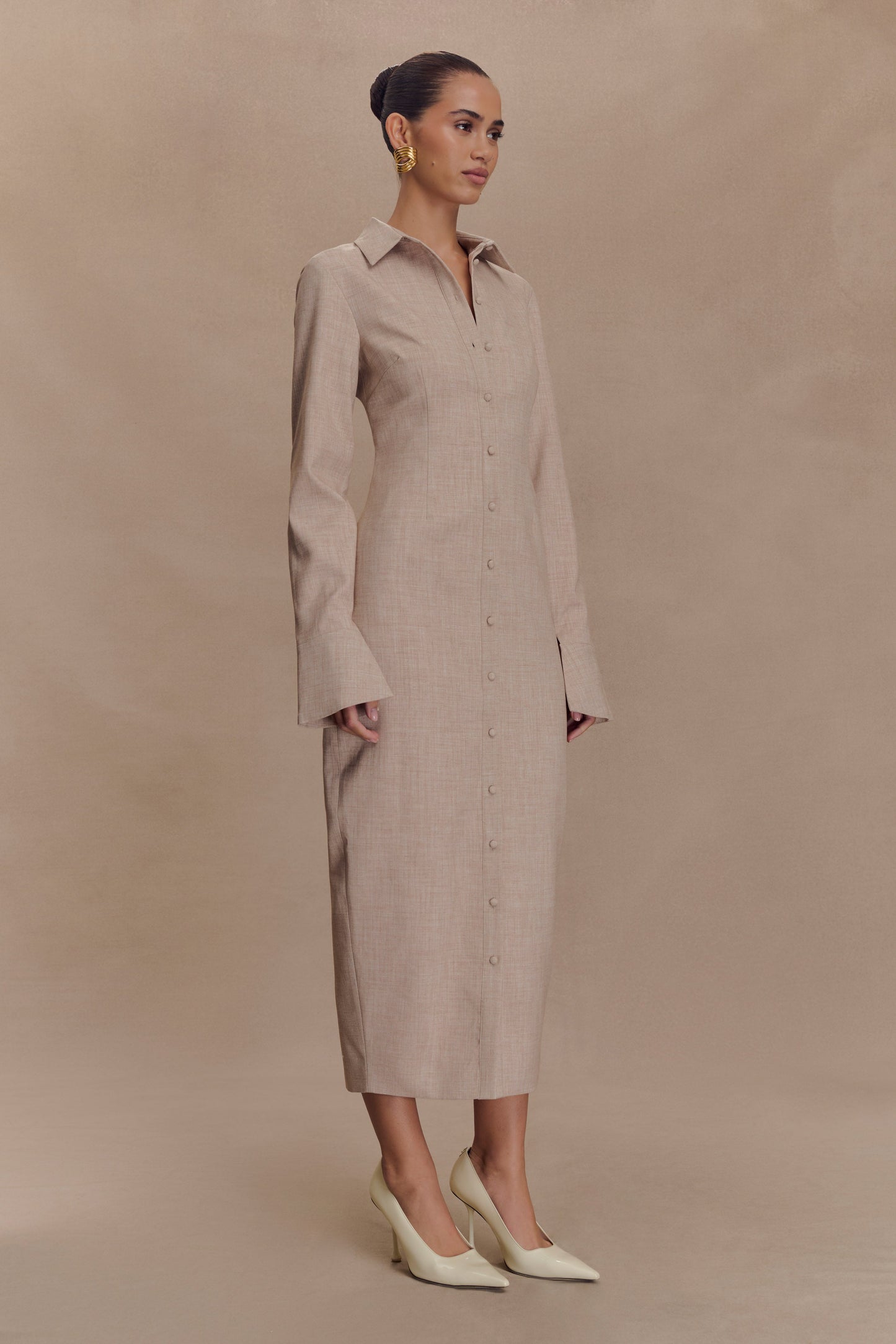 Dorian Fitted Shirt Midi Dress - Wheat Marle
