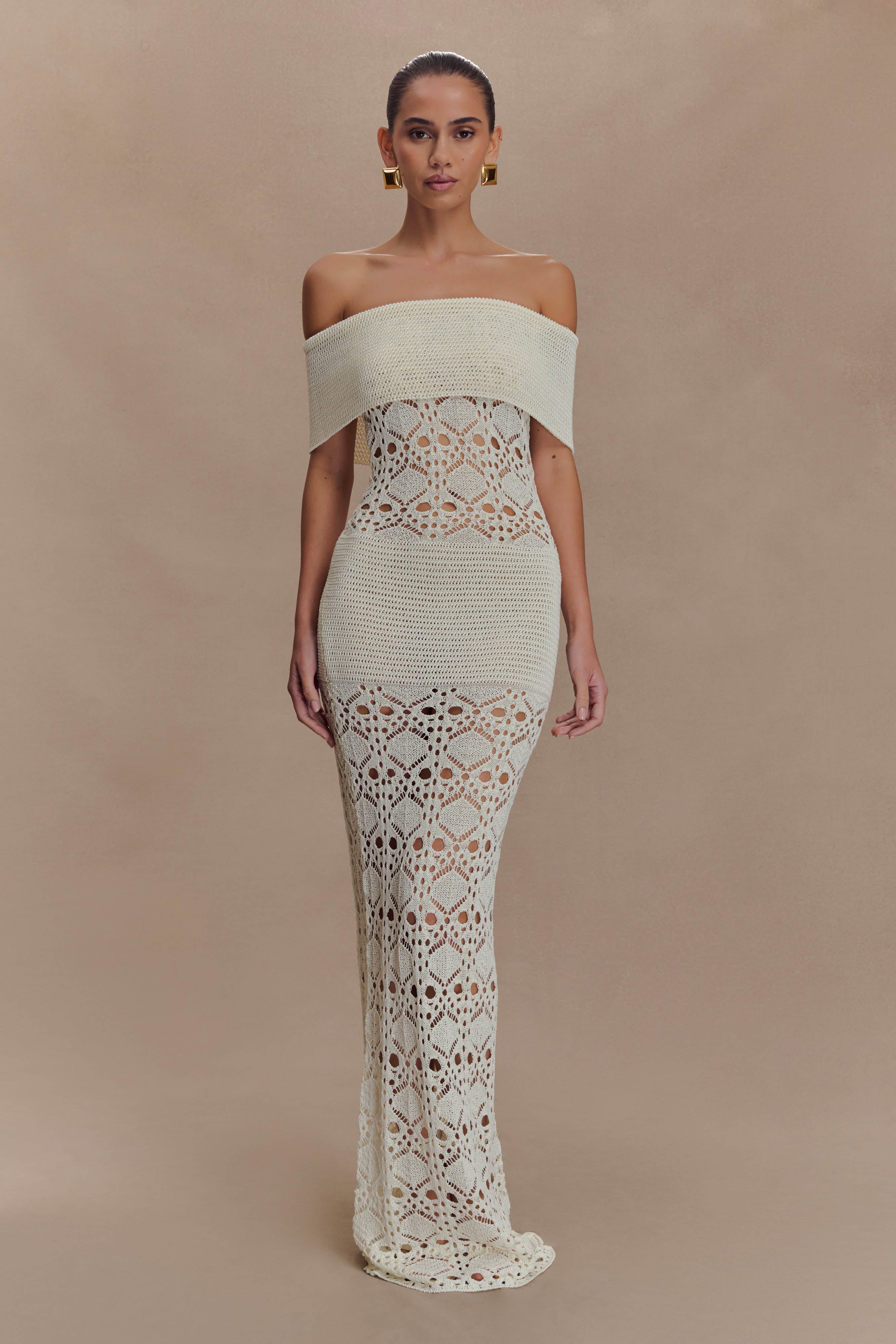 sue off white knit maxi dress Sandrine Off Shoulder Knit Maxi Dress / White | MESHKI