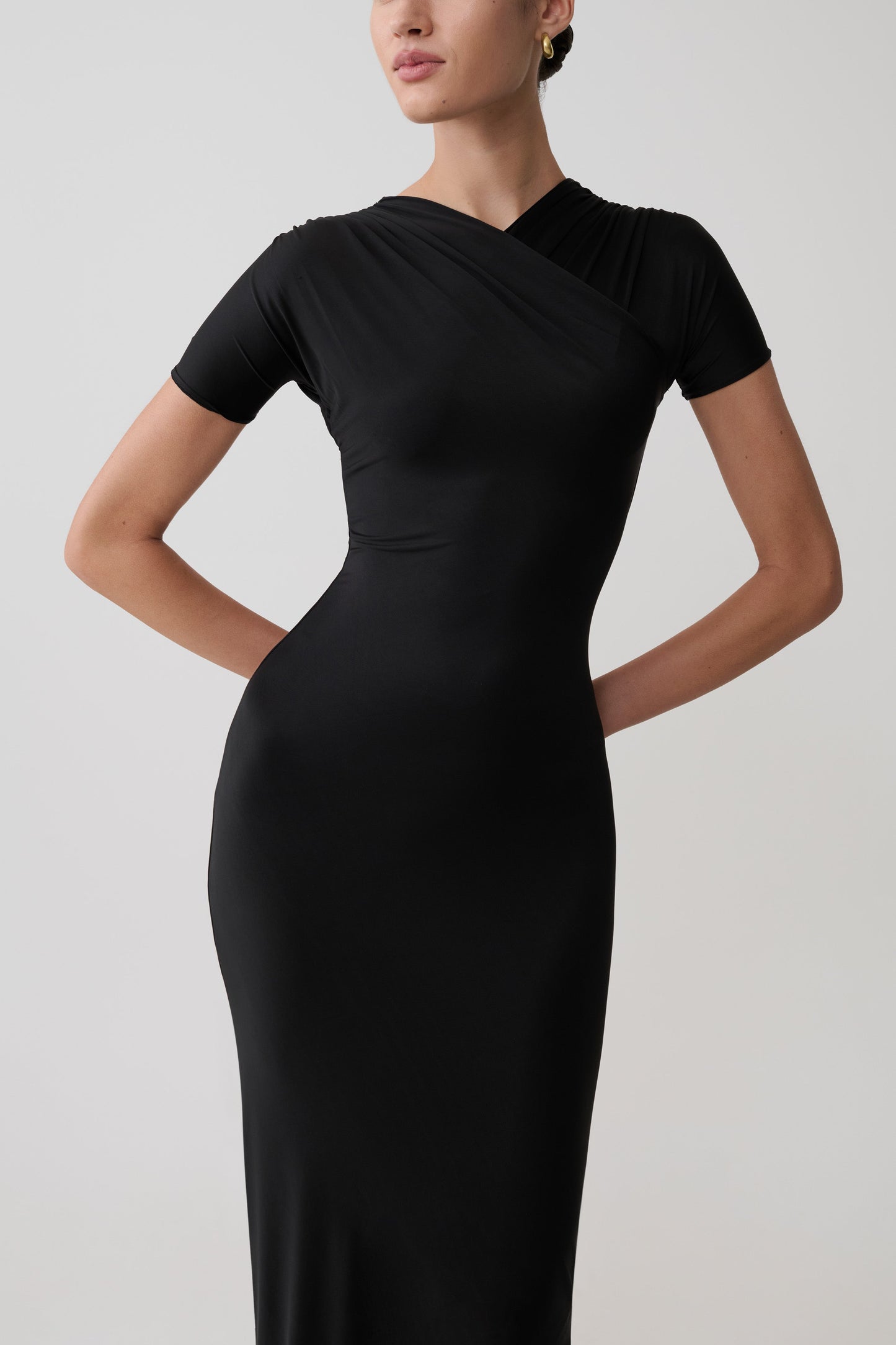 Junie Cross-Over Neck Slinky Maxi Dress - Black