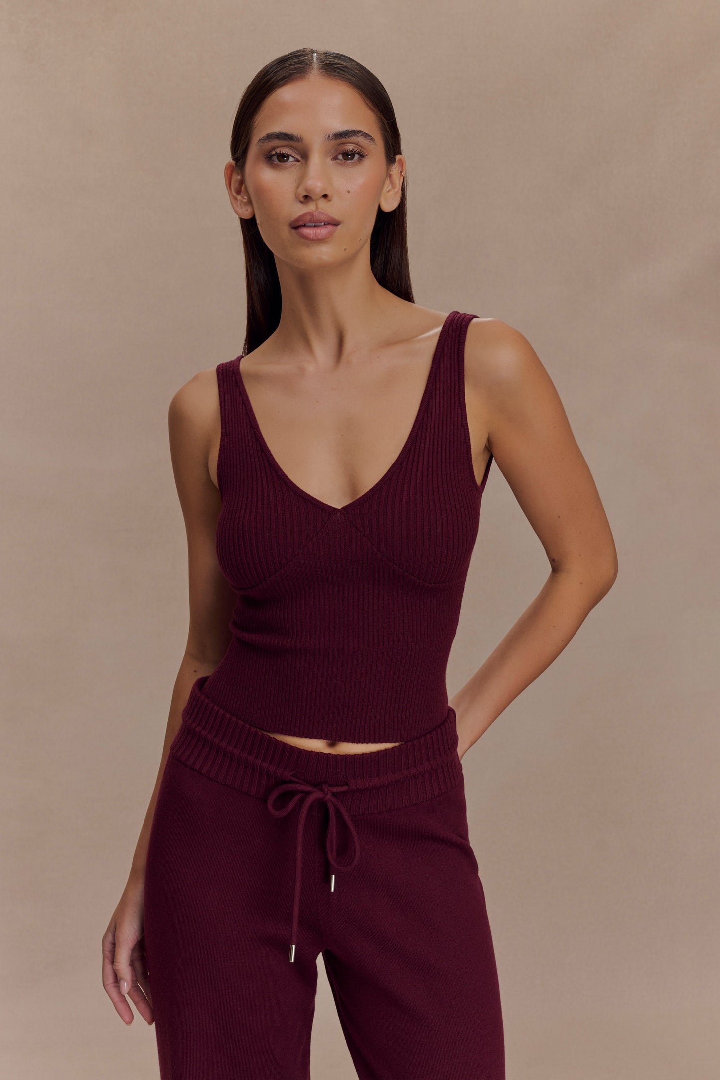Natalya Ribbed Knit Cami Top - Merlot