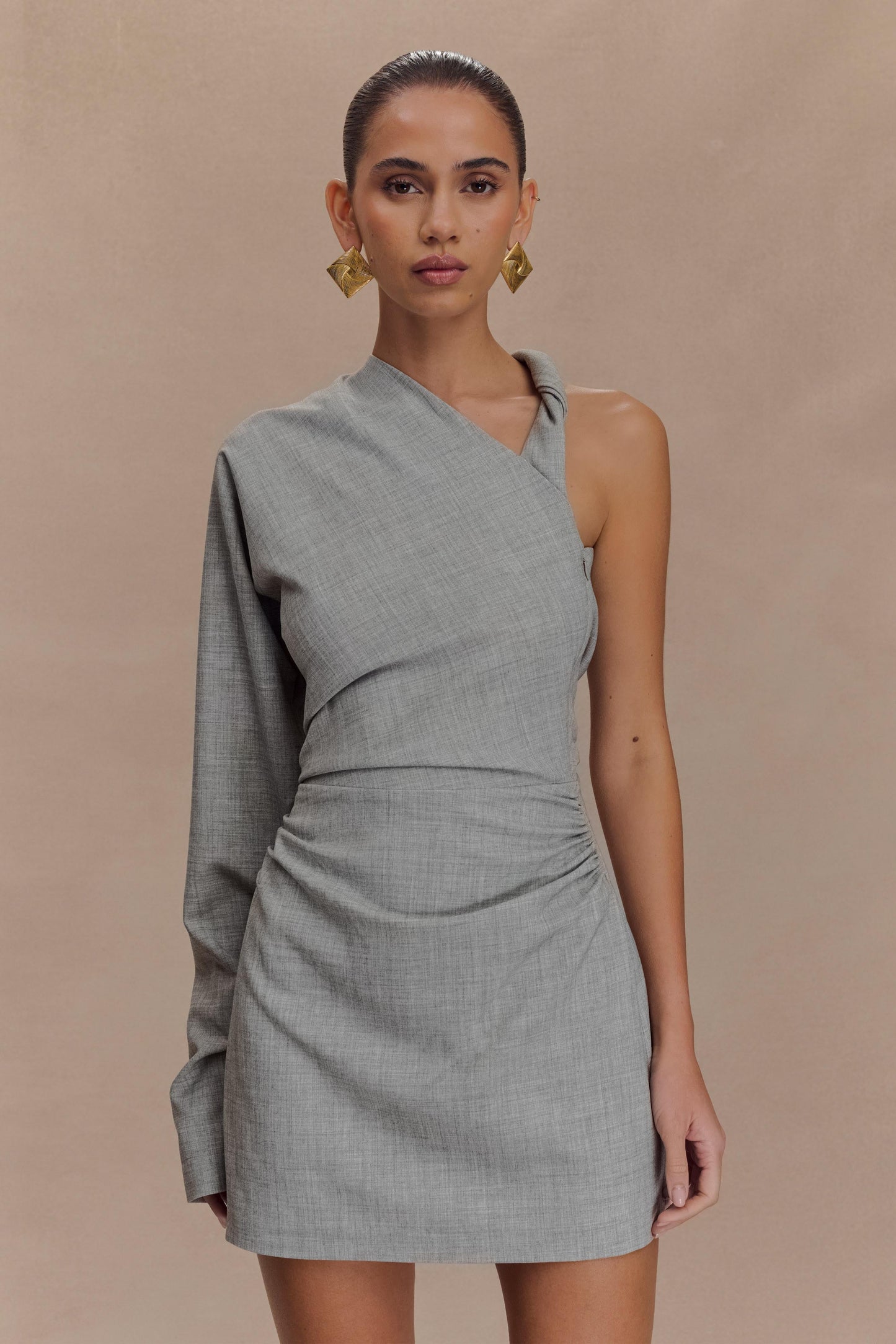 Dorian Twist Shoulder Mini Dress - Charcoal Marle