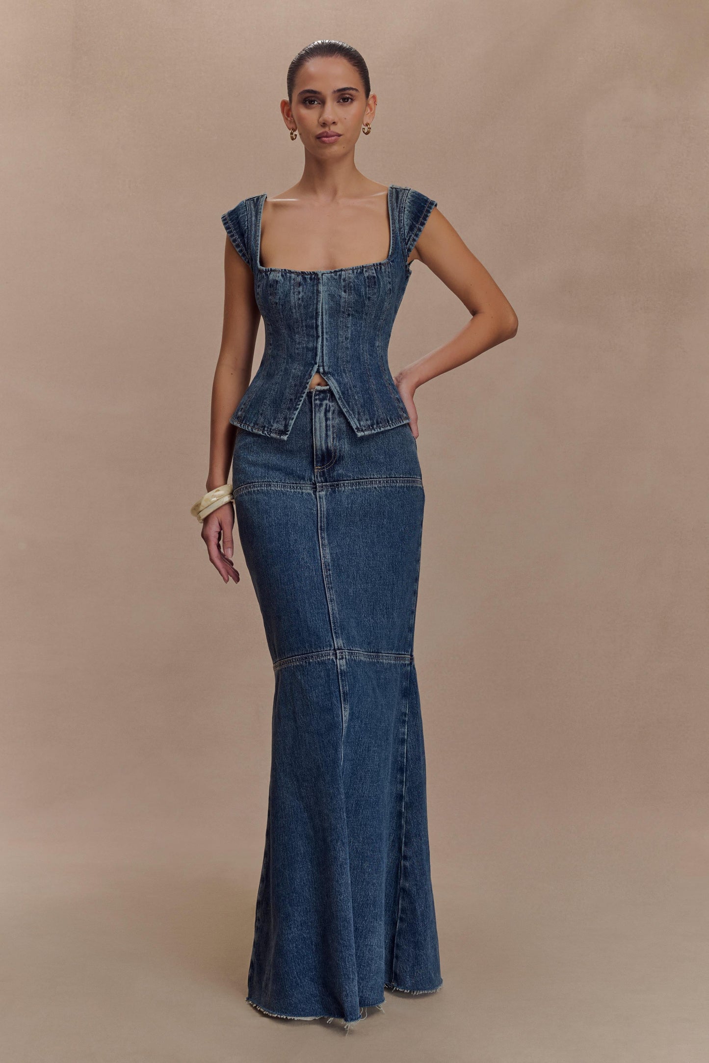 Loretta Cap Sleeve Denim Top - Washed Dark Blue