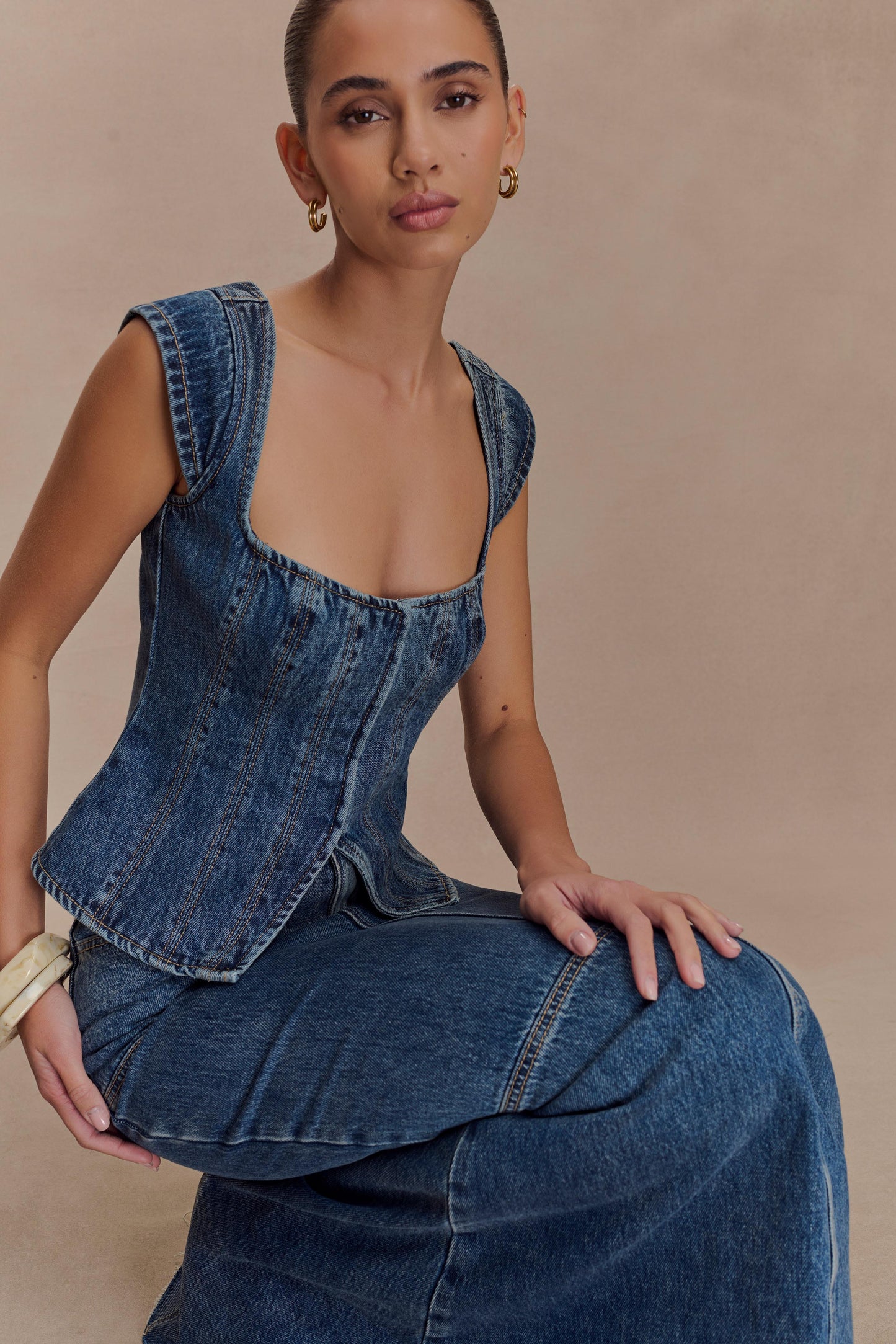 Loretta Cap Sleeve Denim Top - Washed Dark Blue