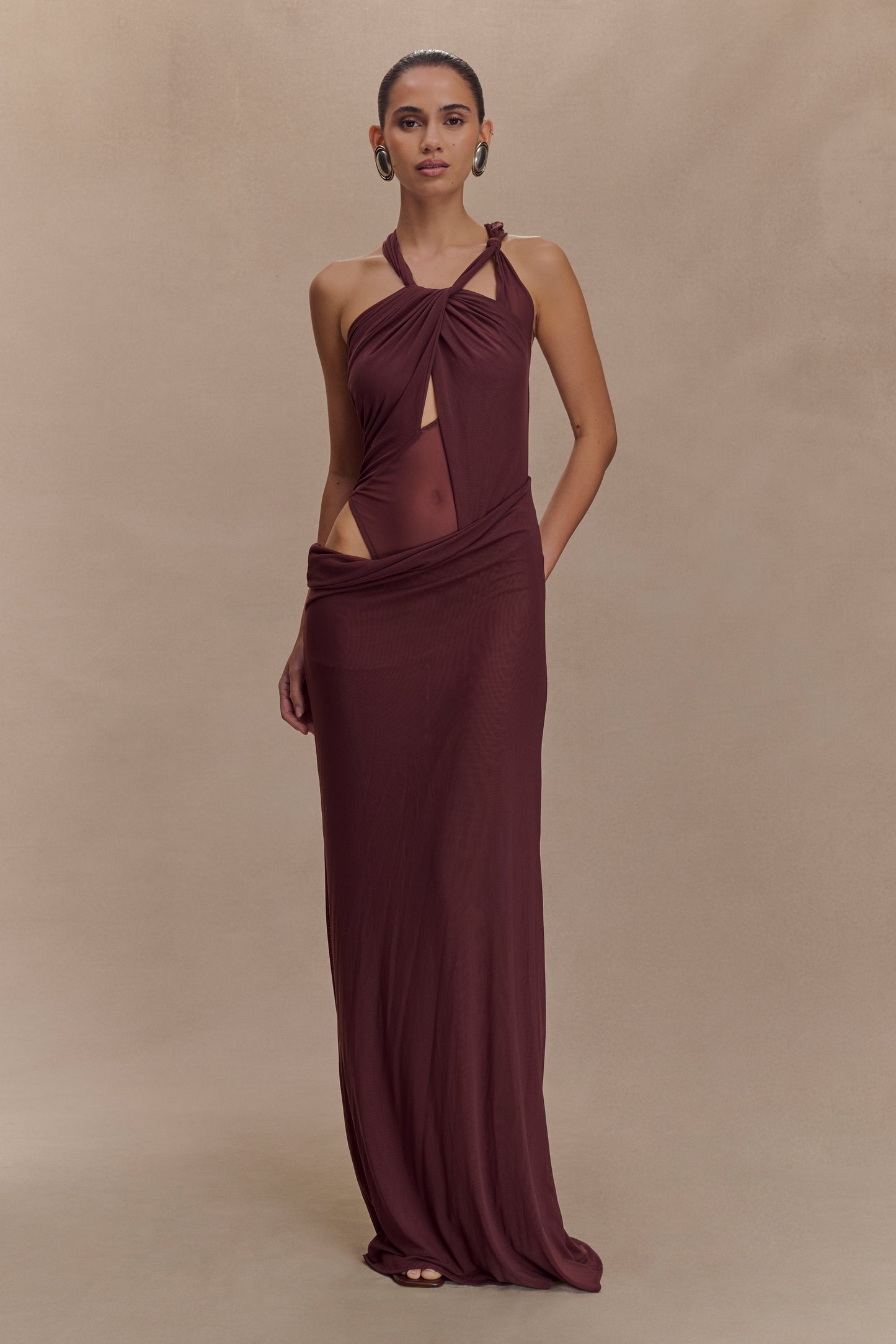 Edwina Knotted Mesh Maxi Dress - Mahogany