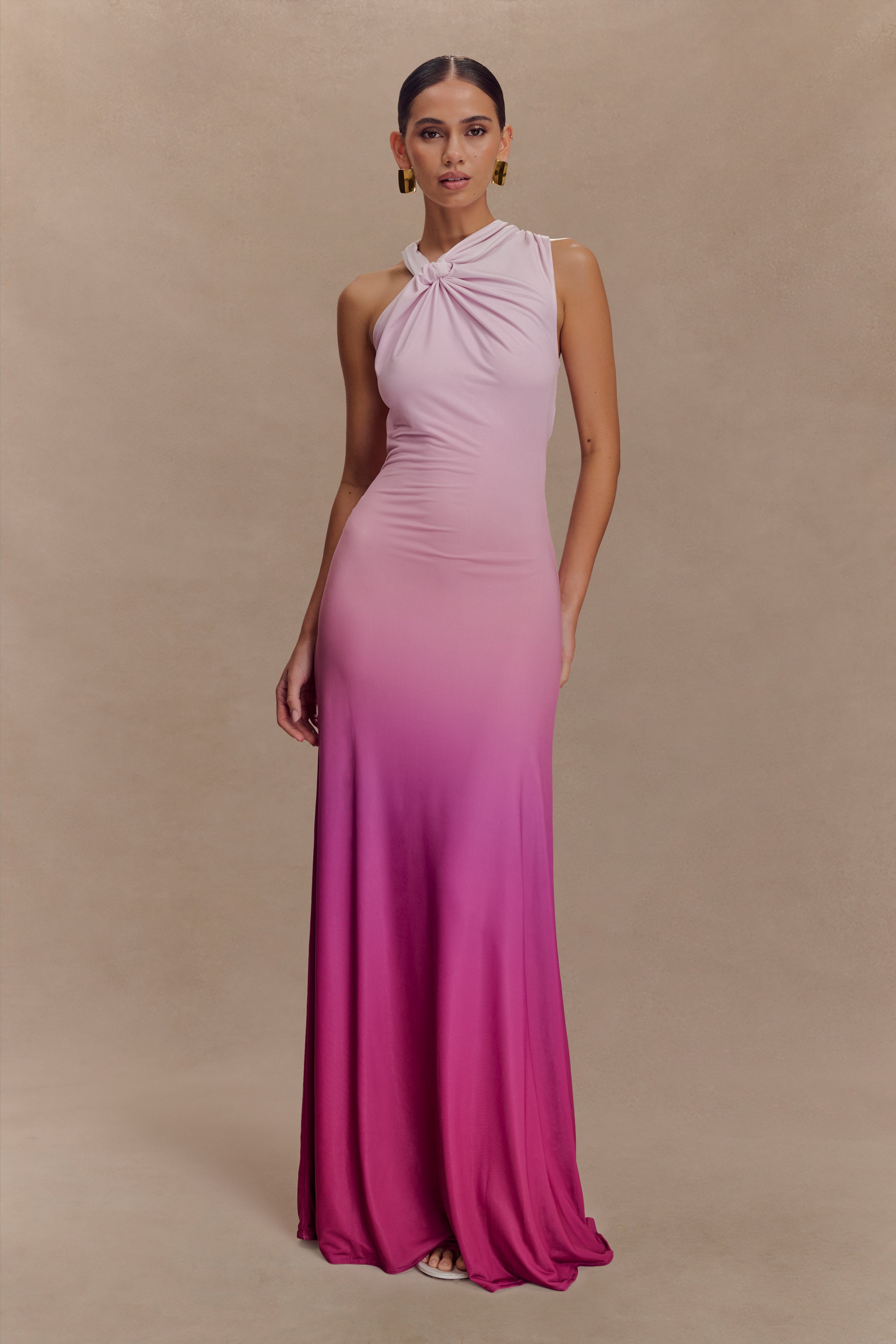 Marlee Asymmetrical Slinky Maxi Dress / Ombre Pink | MESHKI