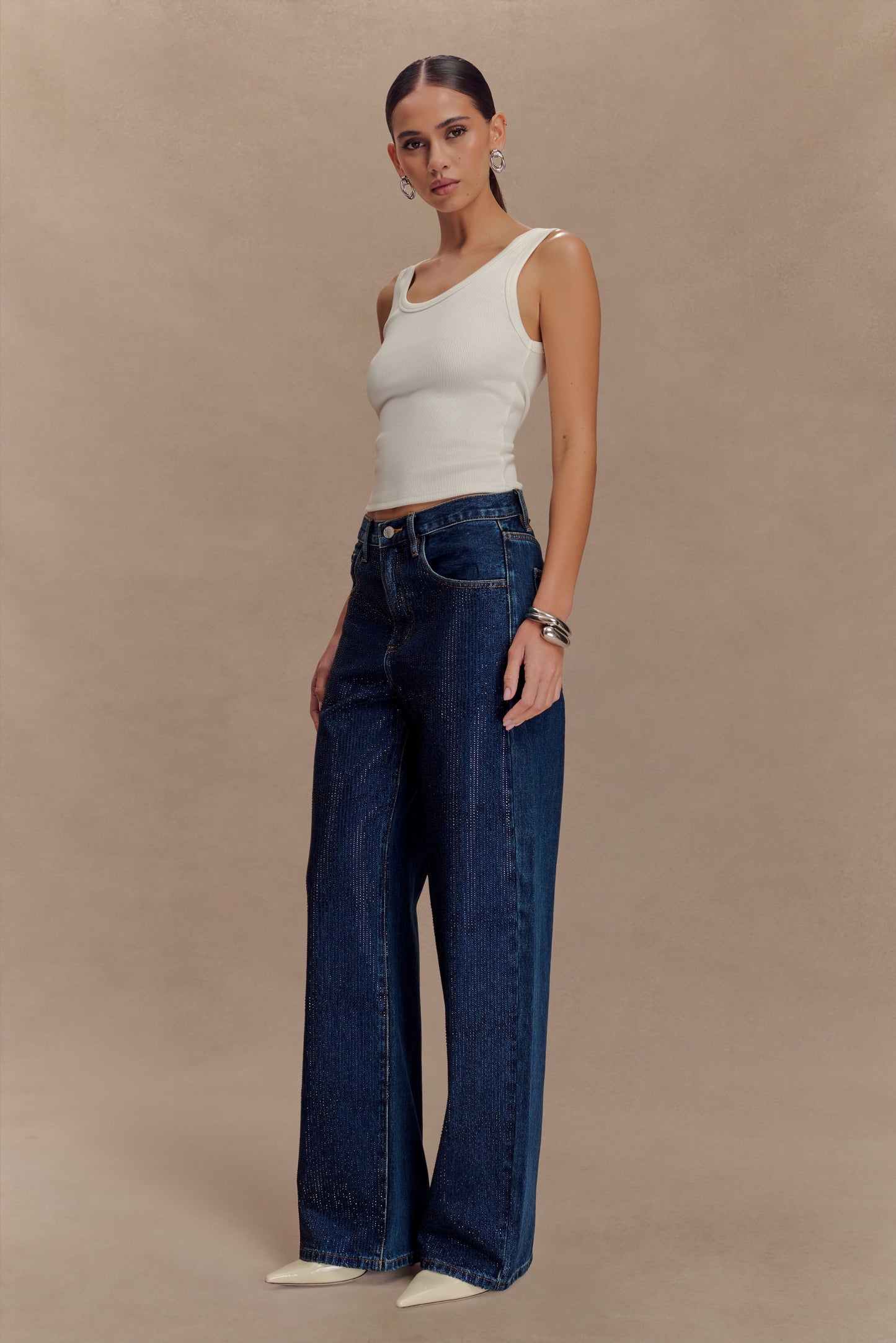 Laina Mid Rise Diamante Denim Jeans - Midnight Blue