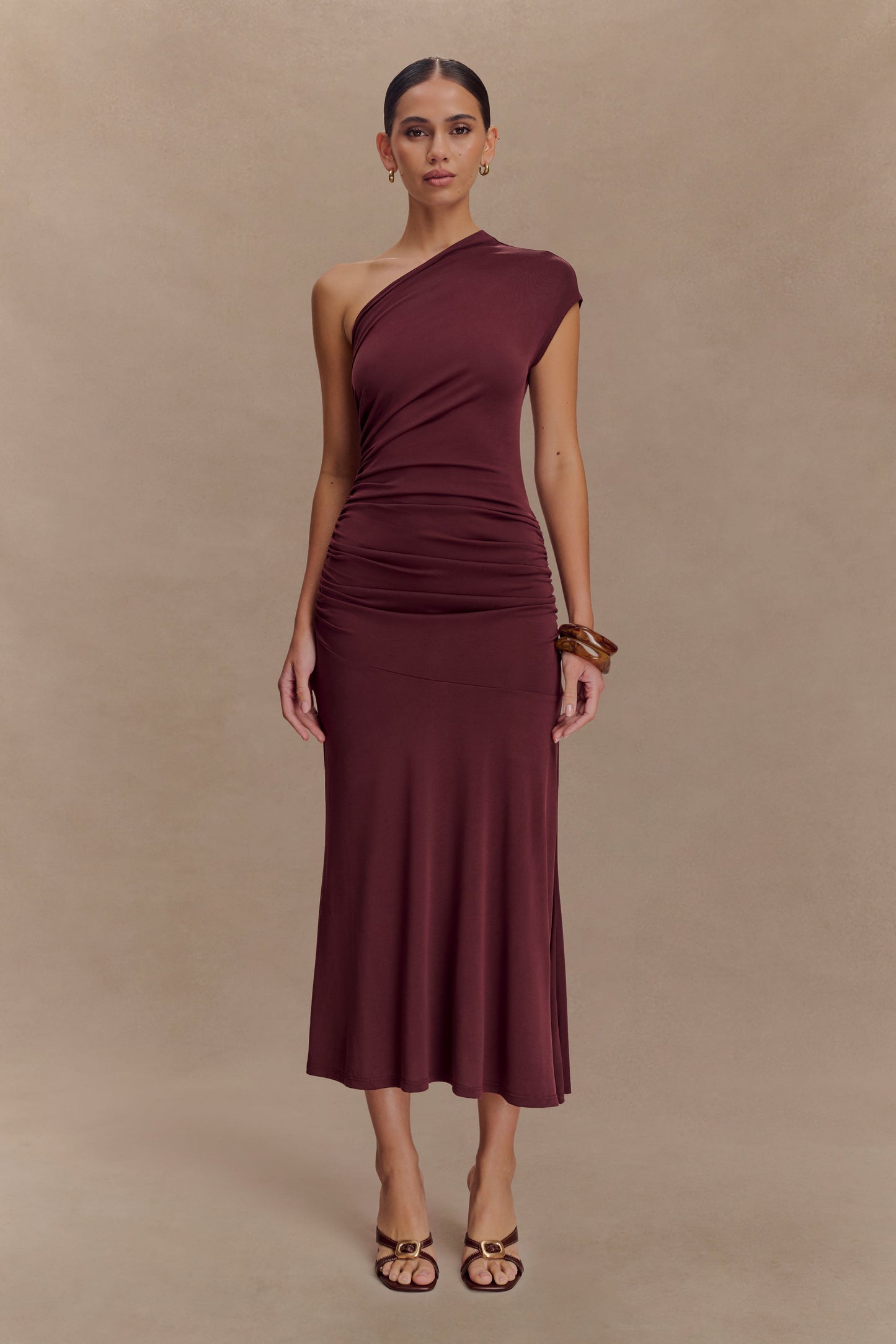 Chloe Peached Jersey One Shoulder Midi Dress - Mahogany