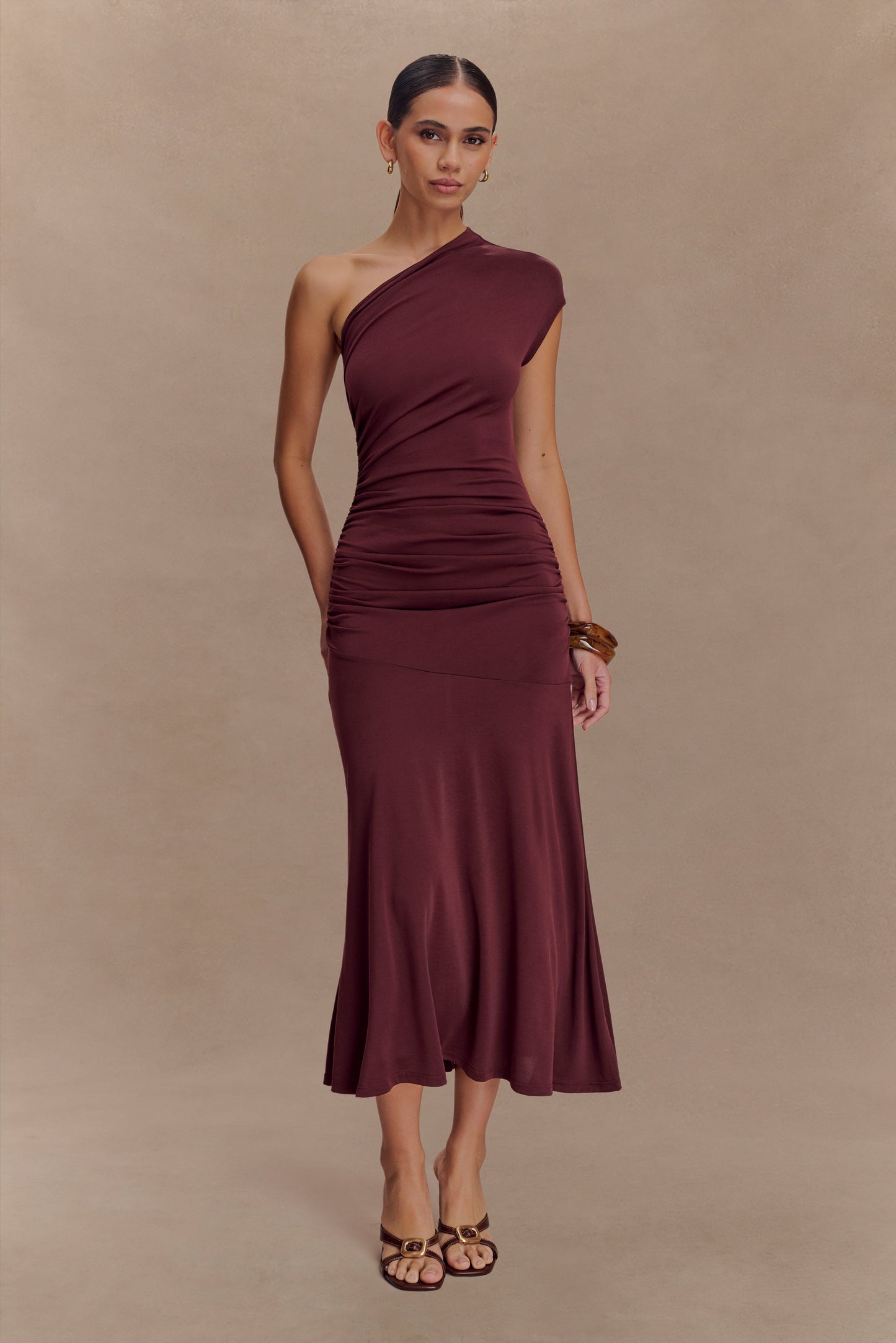 Chloe Peached Jersey One Shoulder Midi Dress - Mahogany
