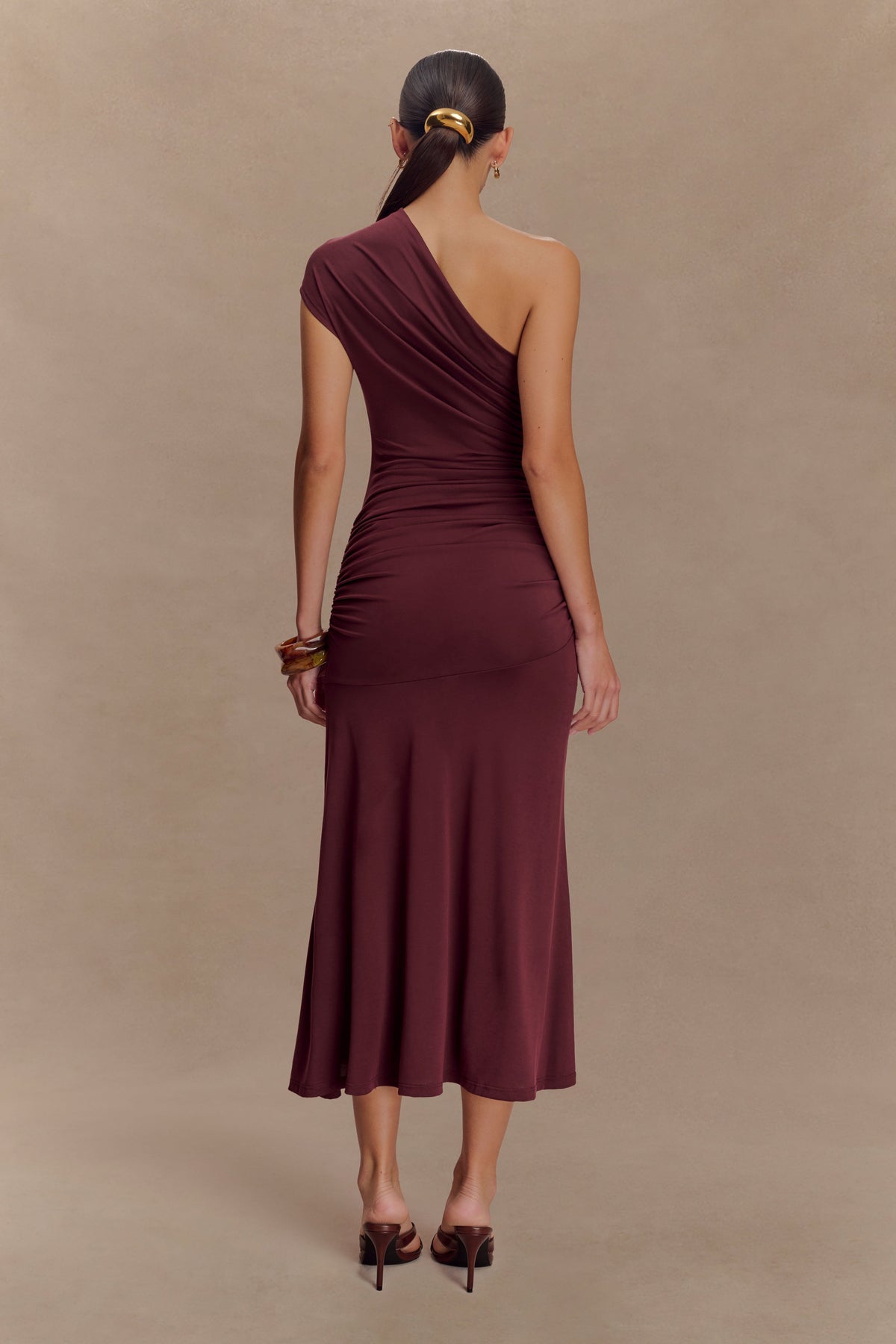 Chloe Peached Jersey One Shoulder Midi Dress - Mahogany
