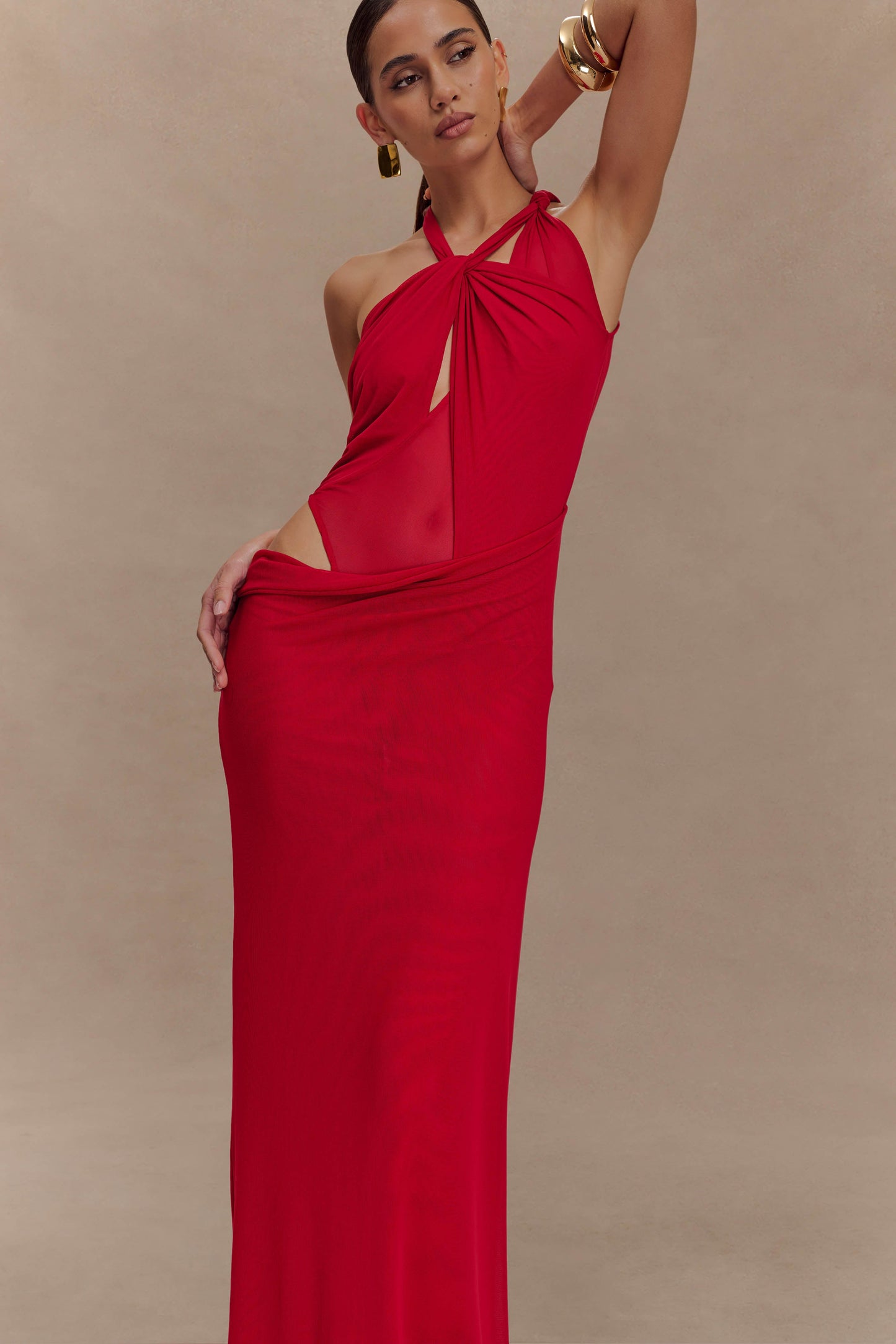 Edwina Knotted Mesh Maxi Dress - Red